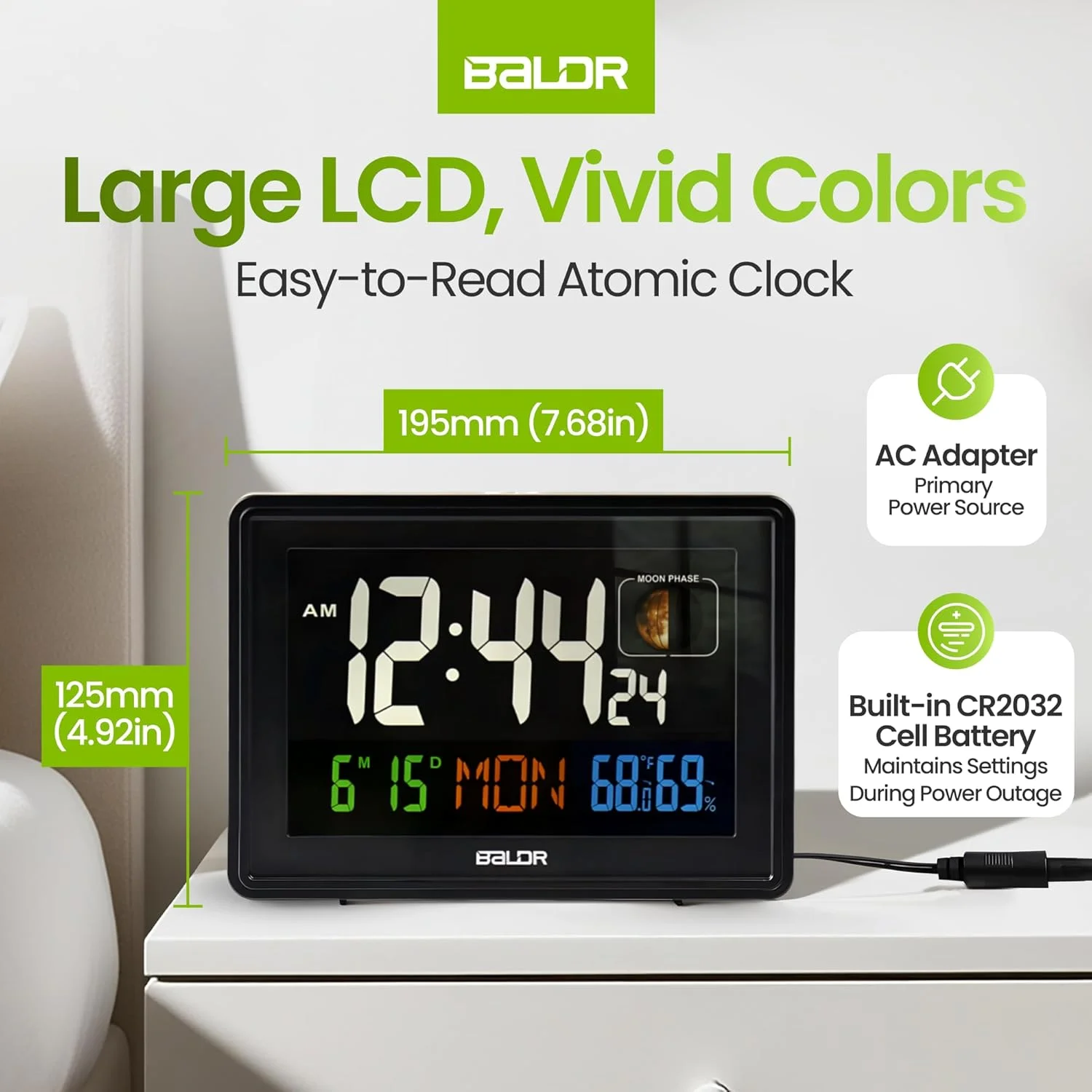 ساعت رومیزی دیجیتال بالدر با نمایشگر بزرگ رنگی - نمایش دما و رطوبت داخلی - تاریخ و فازهای واقعی ماه - مناسب برای دفتر کار یا کنار تخت (مشکی) ساعت رومیزی دیجیتال بالدر با نمایشگر بزرگ رنگی - نمایش دما و رطوبت داخلی - تاریخ و فازهای واقعی ماه - مناسب برای دفتر کار یا کنار تخت (مشکی)
