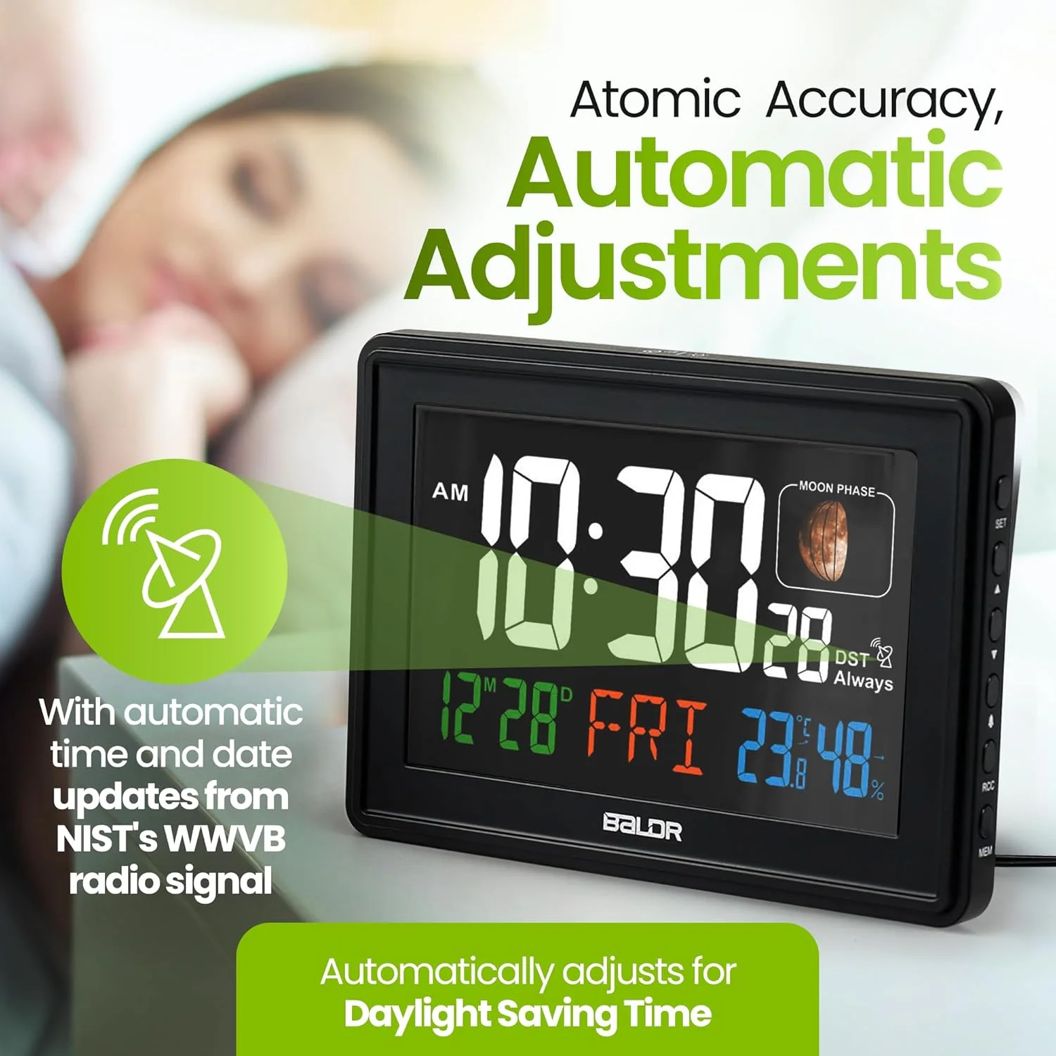 ساعت رومیزی دیجیتال بالدر با نمایشگر بزرگ رنگی - نمایش دما و رطوبت داخلی - تاریخ و فازهای واقعی ماه - مناسب برای دفتر کار یا کنار تخت (مشکی) ساعت رومیزی دیجیتال بالدر با نمایشگر بزرگ رنگی - نمایش دما و رطوبت داخلی - تاریخ و فازهای واقعی ماه - مناسب برای دفتر کار یا کنار تخت (مشکی)