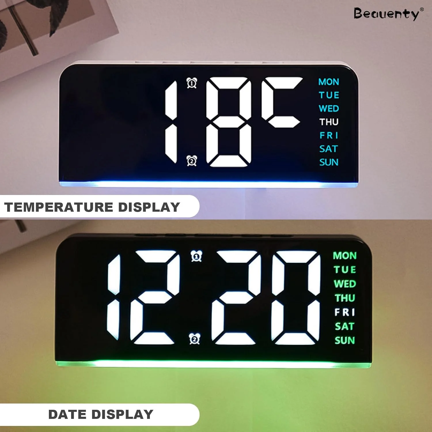 ساعت زنگ دار دیجیتال Beauenty، ساعت دیجیتال LED با نور محیطی، ساعت رومیزی کنار تختی 12/24 ساعته با نمایش تاریخ و دما، روشنایی قابل تنظیم برای اتاق خواب، دفتر، آشپزخانه (مشکی و آبی) ساعت زنگ دار دیجیتال Beauenty، ساعت دیجیتال LED با نور محیطی، ساعت رومیزی کنار تختی 12/24 ساعته با نمایش تاریخ و دما، روشنایی قابل تنظیم برای اتاق خواب، دفتر، آشپزخانه (مشکی و آبی)