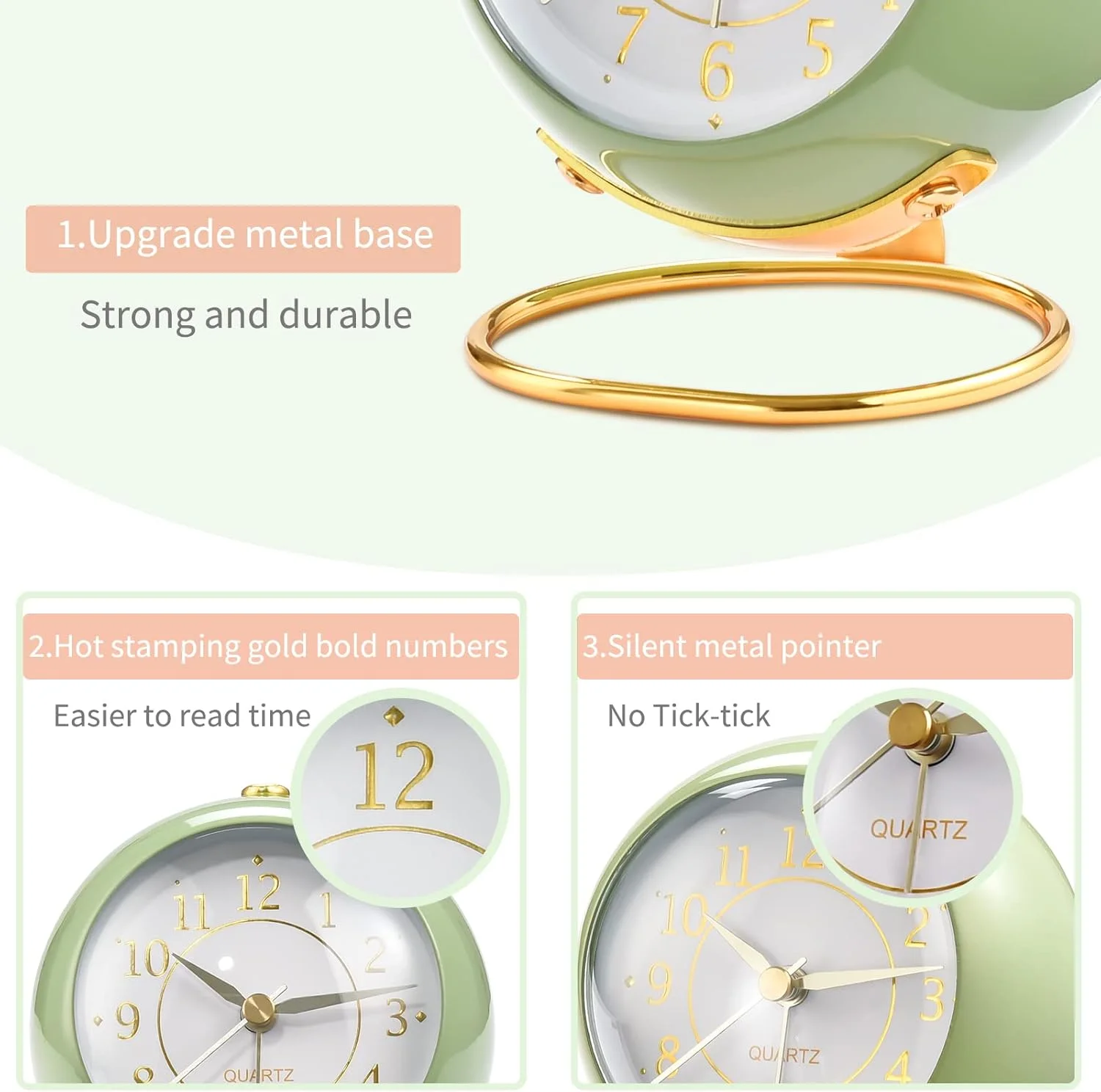 ساعت زنگ دار آنالوگ فلزی دات کام، نور پس زمینه یکپارچهسازی با سیستمعامل، طراحی ساده و زیبا، ساعت رومیزی کوچک، چراغ شب، بی صدا، با باتری، برای کودکان، اتاق خواب، مسافرت، آشپزخانه، کنار تخت (سفید) - 10 سانتی متر