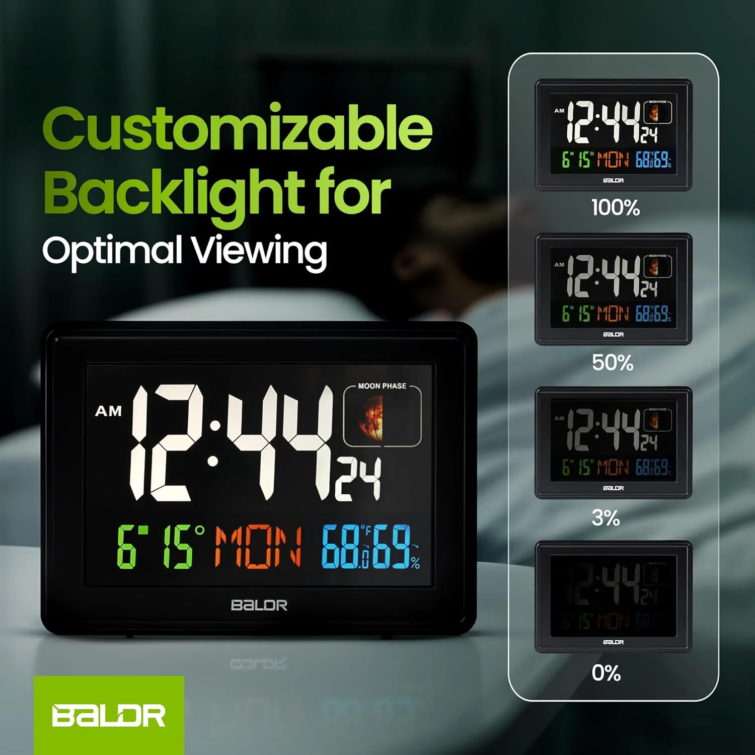 ساعت رومیزی دیجیتال بالدر با نمایشگر بزرگ رنگی - نمایش دما و رطوبت داخلی - تاریخ و فازهای واقعی ماه - مناسب برای دفتر کار یا کنار تخت (مشکی) ساعت رومیزی دیجیتال بالدر با نمایشگر بزرگ رنگی - نمایش دما و رطوبت داخلی - تاریخ و فازهای واقعی ماه - مناسب برای دفتر کار یا کنار تخت (مشکی)