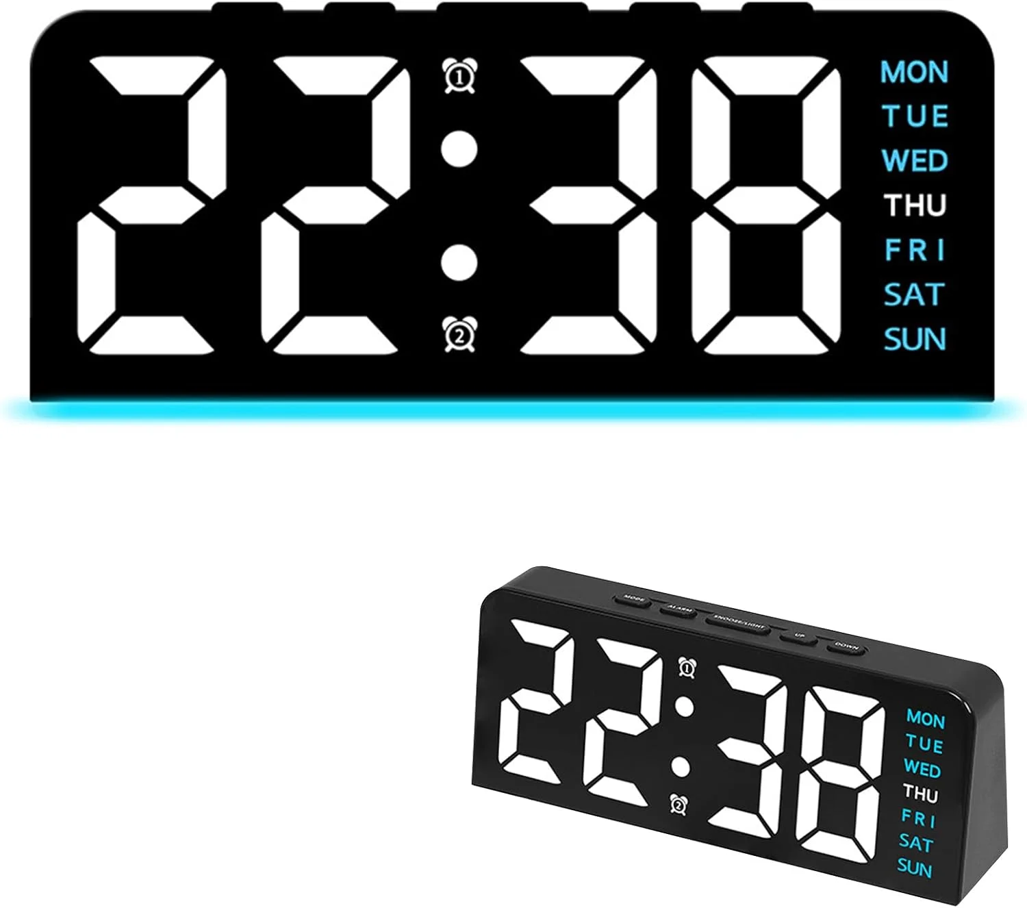 ساعت زنگ دار دیجیتال Beauenty، ساعت دیجیتال LED با نور محیطی، ساعت رومیزی کنار تختی با تاریخ و دما، روشنایی قابل تنظیم برای اتاق خواب، دفتر، آشپزخانه (مشکی و آبی)