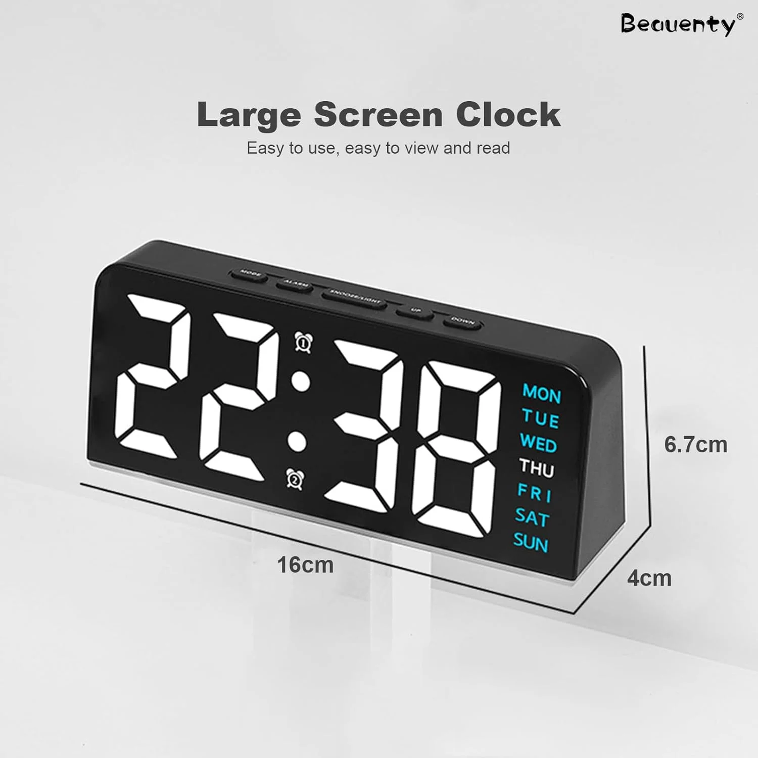 ساعت زنگ دار دیجیتال Beauenty، ساعت دیجیتال LED با نور محیطی، ساعت رومیزی کنار تختی با تاریخ و دما، روشنایی قابل تنظیم برای اتاق خواب، دفتر، آشپزخانه (مشکی و آبی)