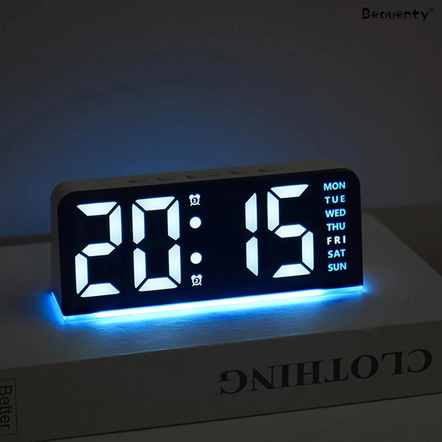 ساعت زنگ دار دیجیتال Beauenty، ساعت دیجیتال LED با نور محیطی، ساعت رومیزی کنار تختی با تاریخ و دما، روشنایی قابل تنظیم برای اتاق خواب، دفتر، آشپزخانه (مشکی و آبی)