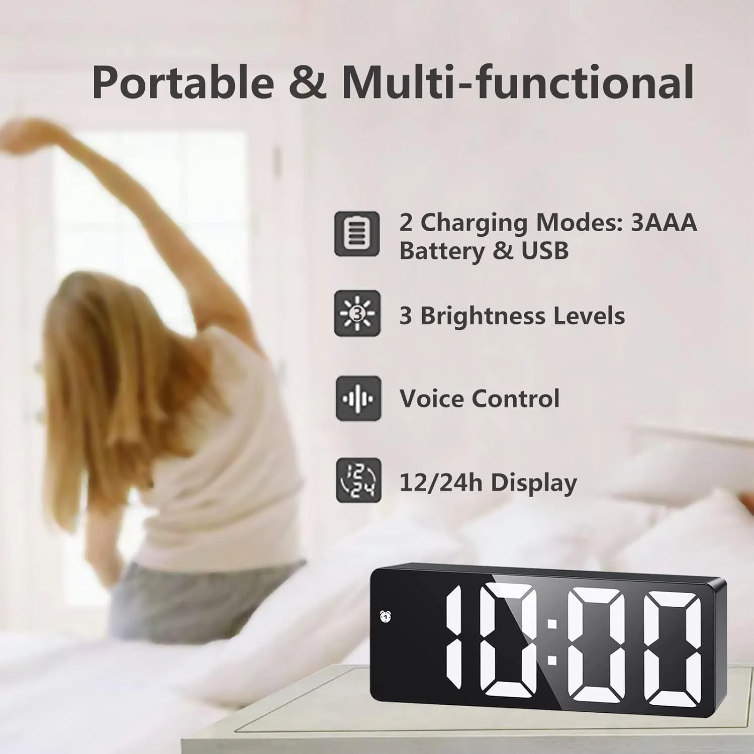 ساعت زنگ دار دیجیتال LED هوشمند BPA: ساعت چراغ خواب برقی با 3 روشنایی قابل تنظیم، ساعت رومیزی کنترل صوتی با نمایش تاریخ/ماه/دما، ساعت با منبع تغذیه USB/باتری برای اتاق خواب