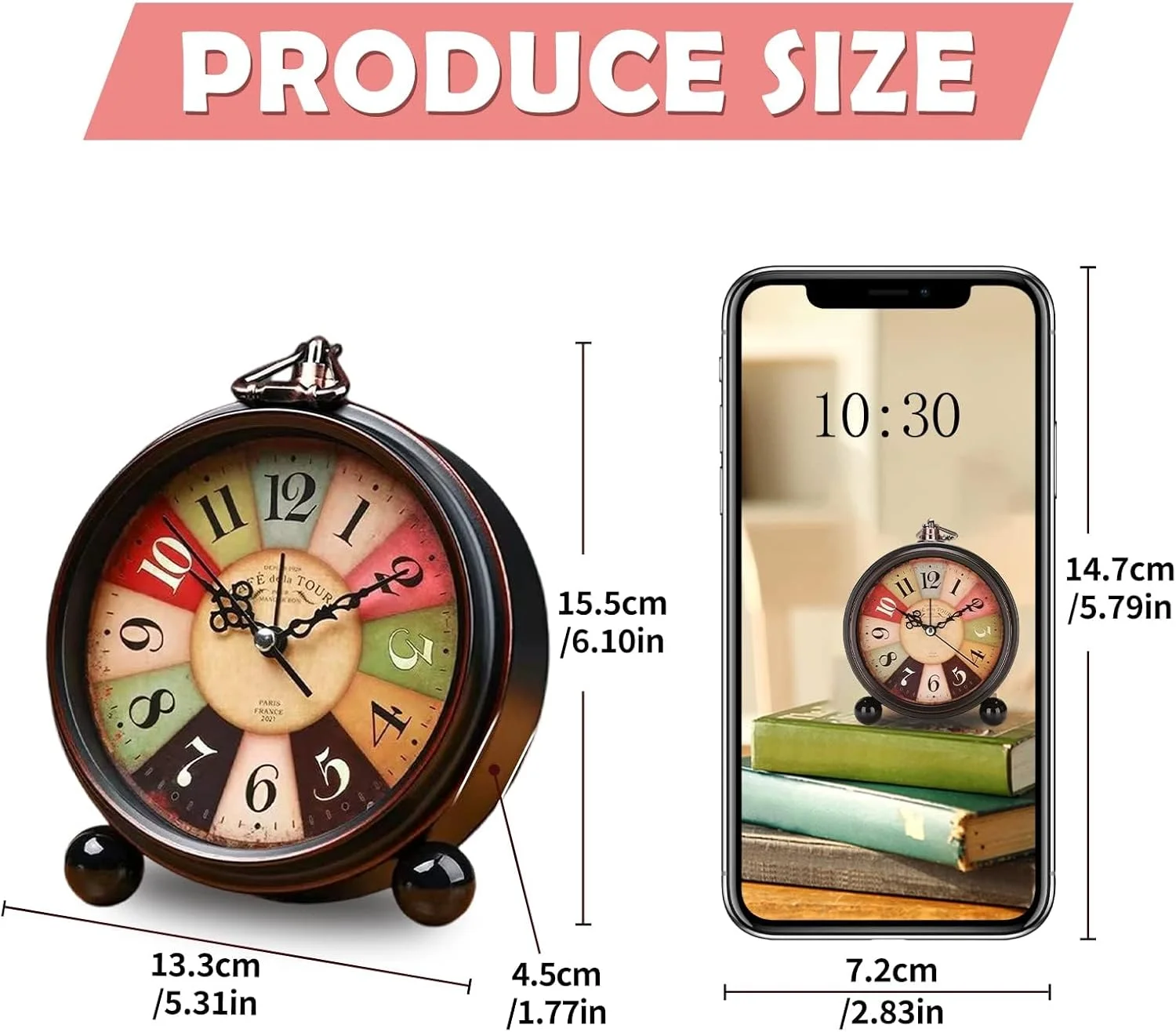 ساعت زنگ دار آنالوگ قدیمی BIGTHREE، ساعت رومیزی، ساعت کنار تختی، ساعت رومیزی خلاقانه بی صدا، ساعت دیجیتال بدون تیک تاک با حرکت کوارتز با باتری، لنز شیشه ای HD