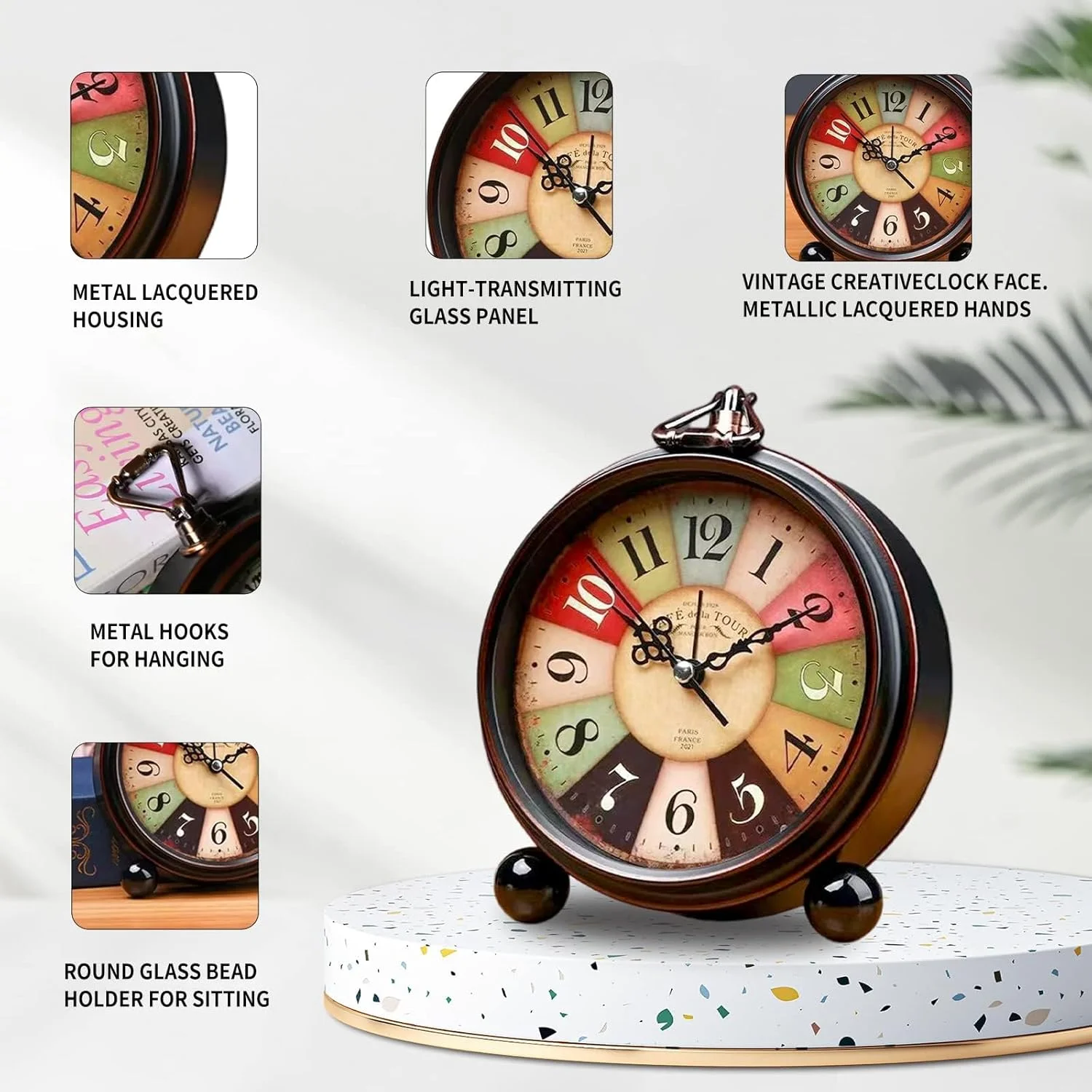 ساعت زنگ دار آنالوگ قدیمی BIGTHREE، ساعت رومیزی، ساعت کنار تختی، ساعت رومیزی خلاقانه بی صدا، ساعت دیجیتال بدون تیک تاک با حرکت کوارتز با باتری، لنز شیشه ای HD