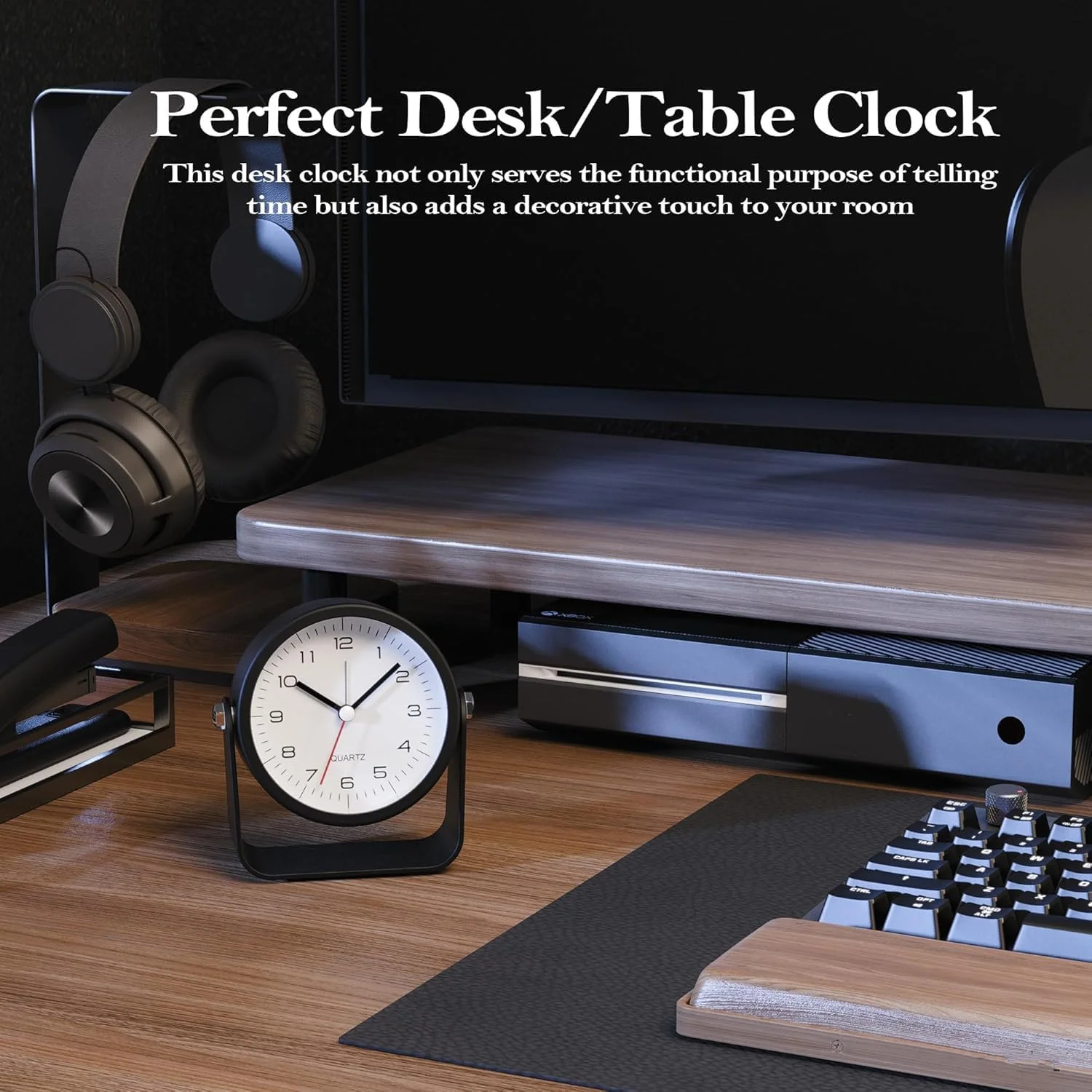 ساعت زنگ دار آنالوگ بی صدای 3.8 اینچی BIGTHREE، ساعت رومیزی و کنار تختی با باتری، با زاویه قابل تنظیم، دکمه تعویق و چراغ شب، حرکت کوارتز بدون صدا برای خانه، دفتر و مسافرت (مشکی)