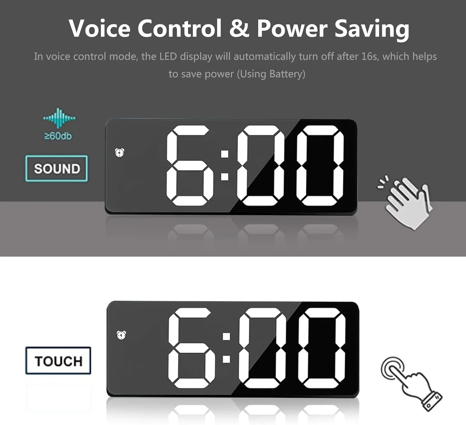 ساعت زنگ دار دیجیتال LED هوشمند BPA: ساعت چراغ خواب برقی با 3 روشنایی قابل تنظیم، ساعت رومیزی کنترل صوتی با نمایش تاریخ/ماه/دما، ساعت با منبع تغذیه USB/باتری برای اتاق خواب