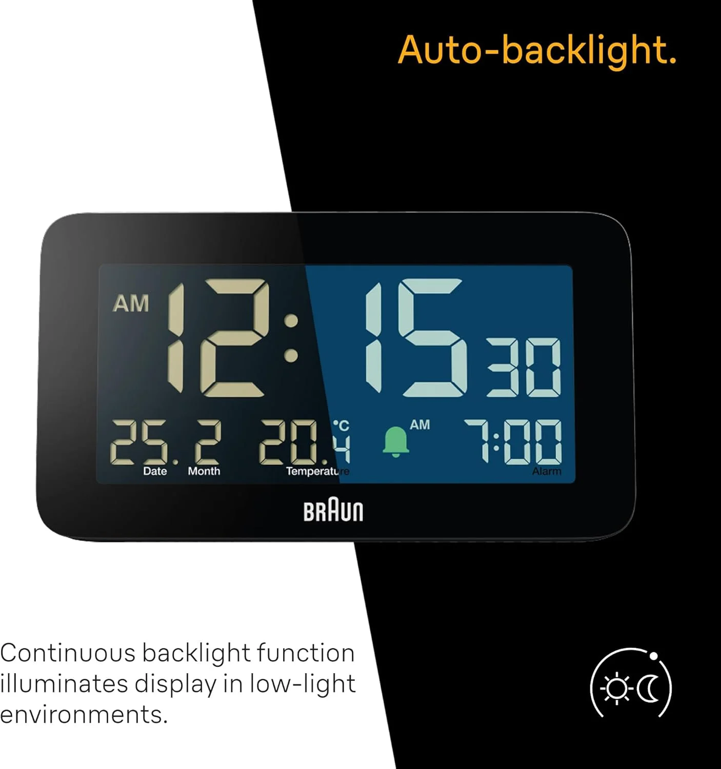 ساعت زنگ دار دیجیتال براون با نمایش تاریخ، ماه و دما، صفحه نمایش LCD منفی، تنظیم سریع، زنگ هشدار بیپ کرسندو، مدل BC10B، مشکی.