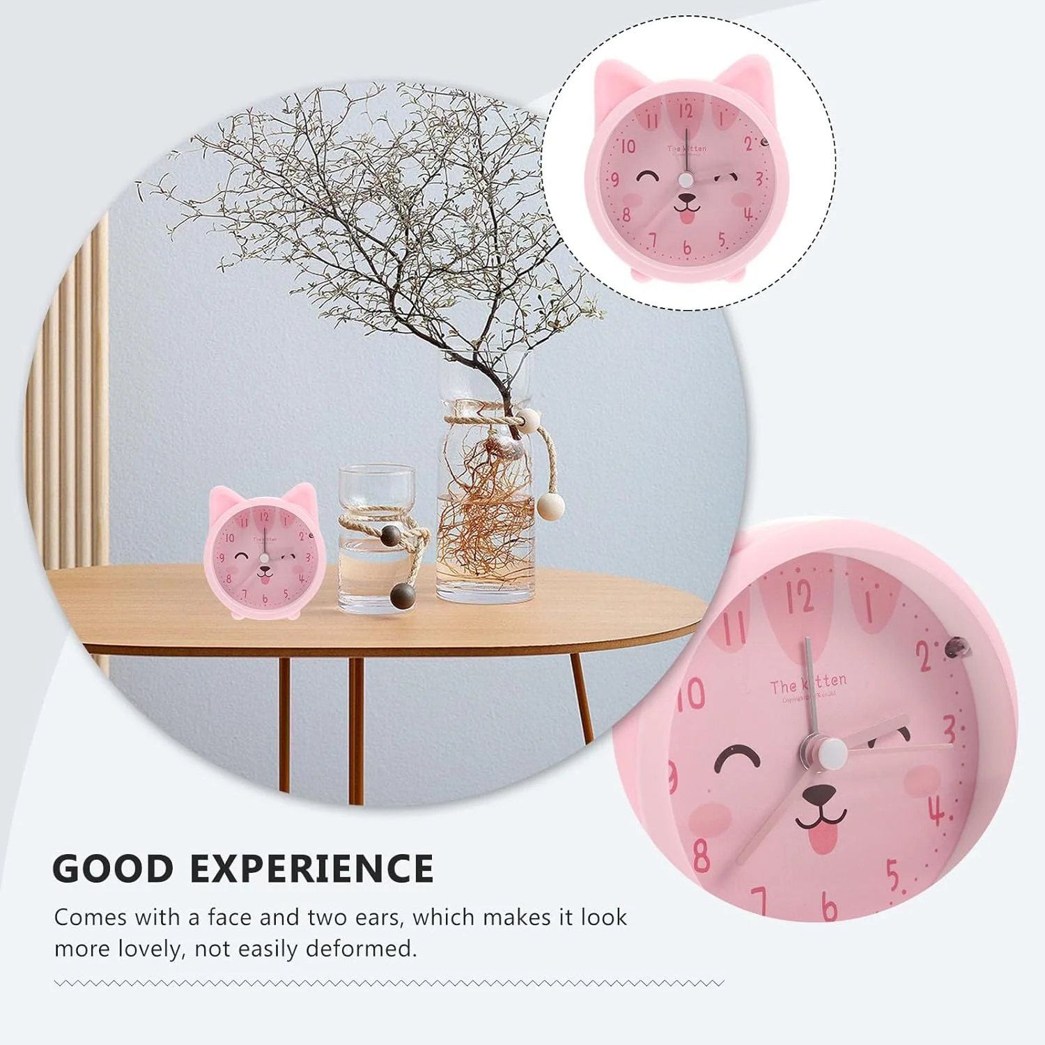 ساعت زنگ دار کودکانه، ساعت زنگ دار گربه ای، بدون صدای تیک تاک، ساعت زنگ دار بی صدای بچه گربه حیوانات سیلیکونی زیبا، چراغ های شب پروژکتوری لوازم جانبی میز ساعت زنگ دار برای کودکان، با باتری برای اتاق خواب، صورتی