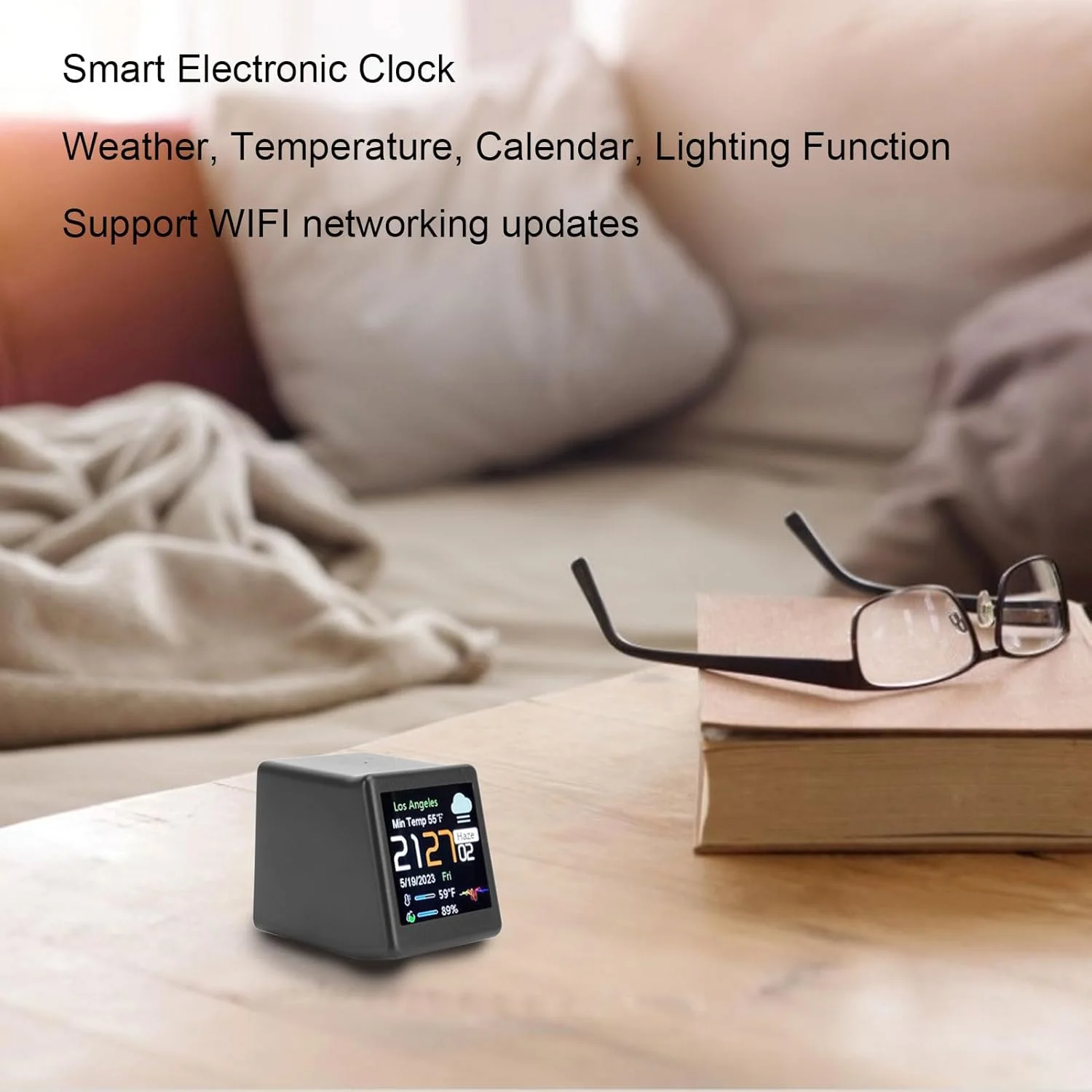 ساعت رومیزی دیجیتال کوچک با تقویم، دما و پیش بینی آب و هوا، صفحه نمایش دیجیتال ال سی دی 45 X 40 X 35 میلی متر، ساعت وای فای برای کودکان و بزرگسالان، Type C (مشکی)