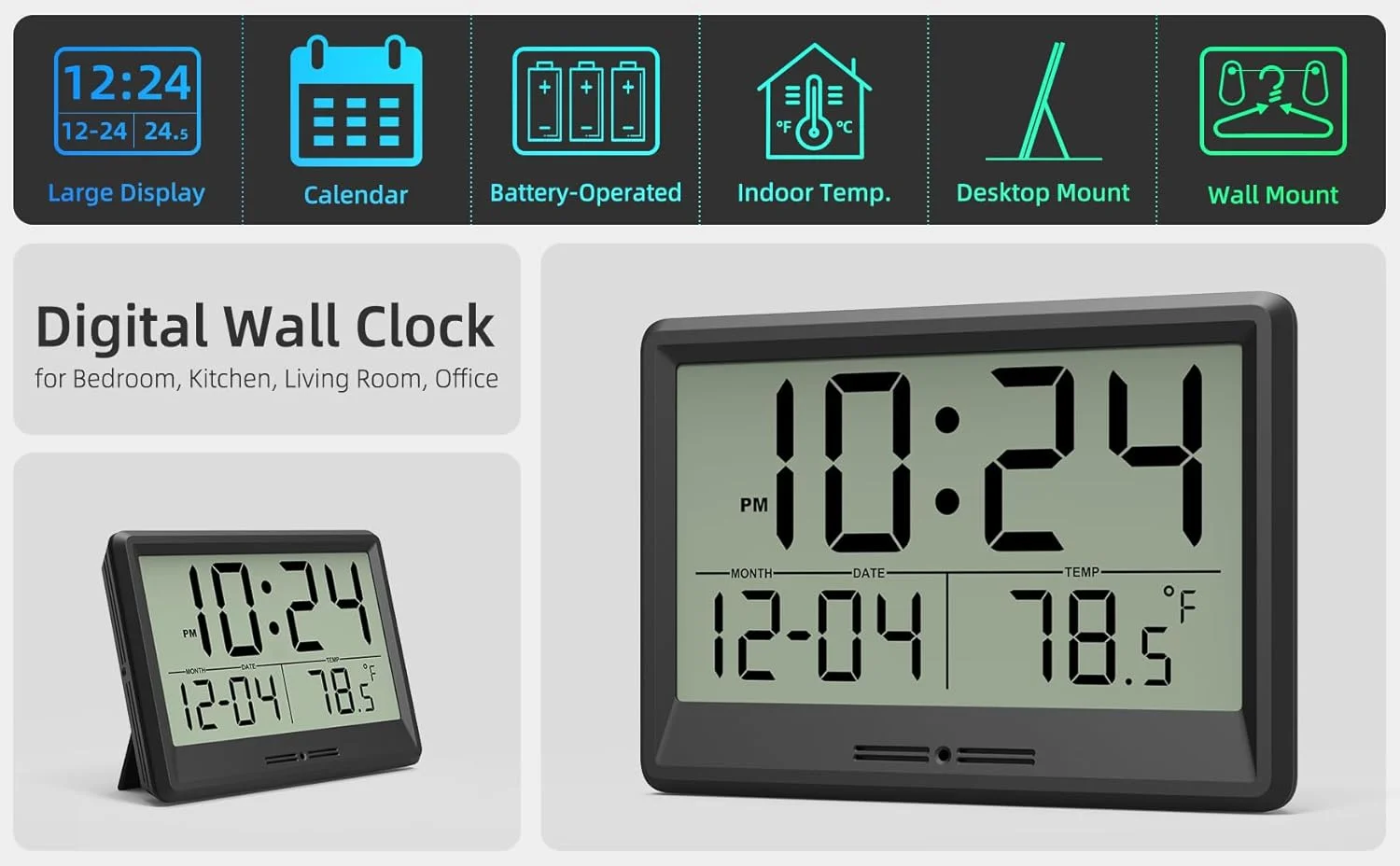 ساعت دیواری دیجیتال با باتری، ساعت دیواری کوچک 8 اینچی با صفحه نمایش بزرگ، دما و تاریخ | ساعت رومیزی ساده | ساعت دیجیتال دیواری بی صدا برای اتاق خواب، آشپزخانه، اتاق نشیمن، دفتر