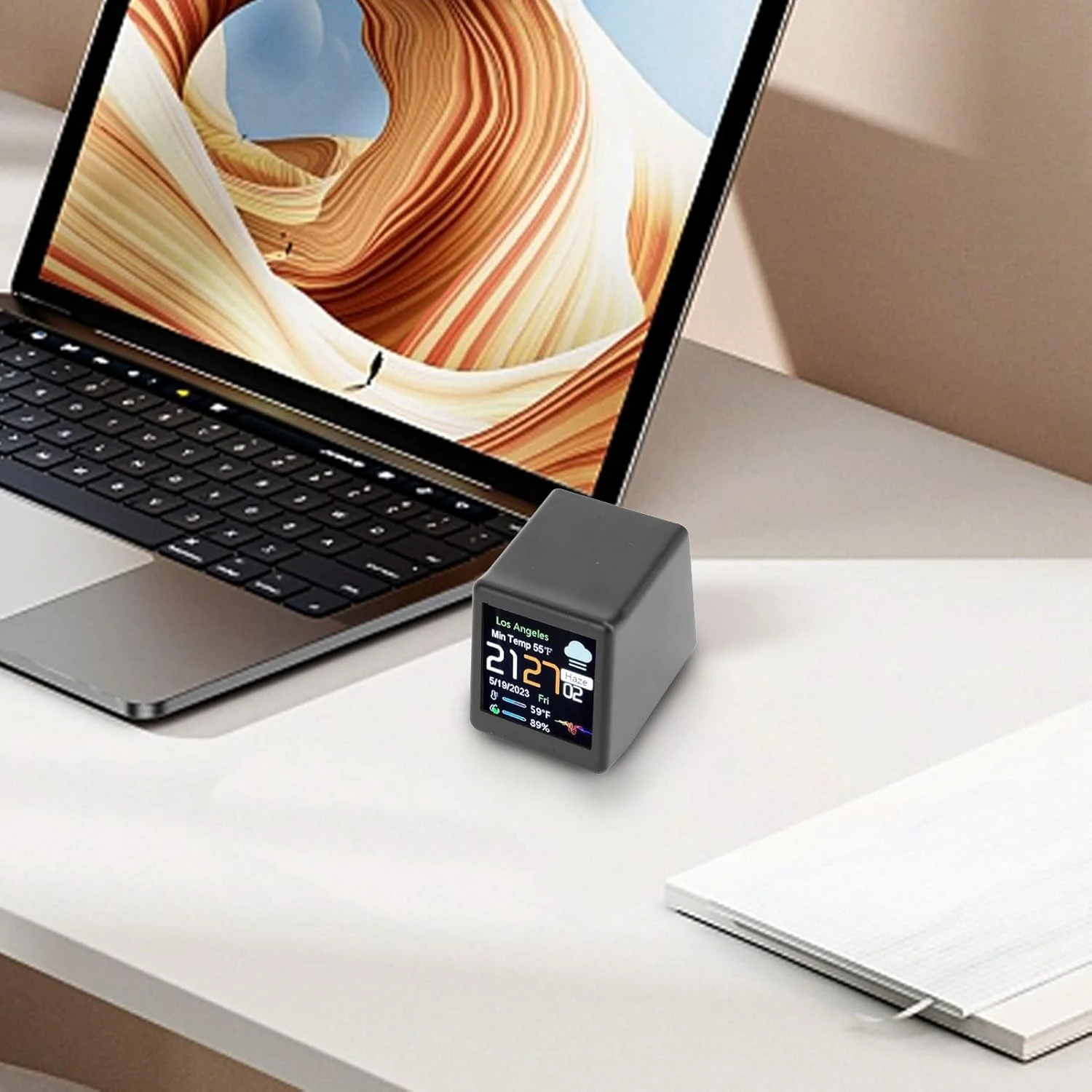 ساعت رومیزی دیجیتال کوچک با تقویم، دما و پیش بینی آب و هوا، صفحه نمایش دیجیتال ال سی دی 45 X 40 X 35 میلی متر، ساعت وای فای برای کودکان و بزرگسالان، Type C (مشکی)