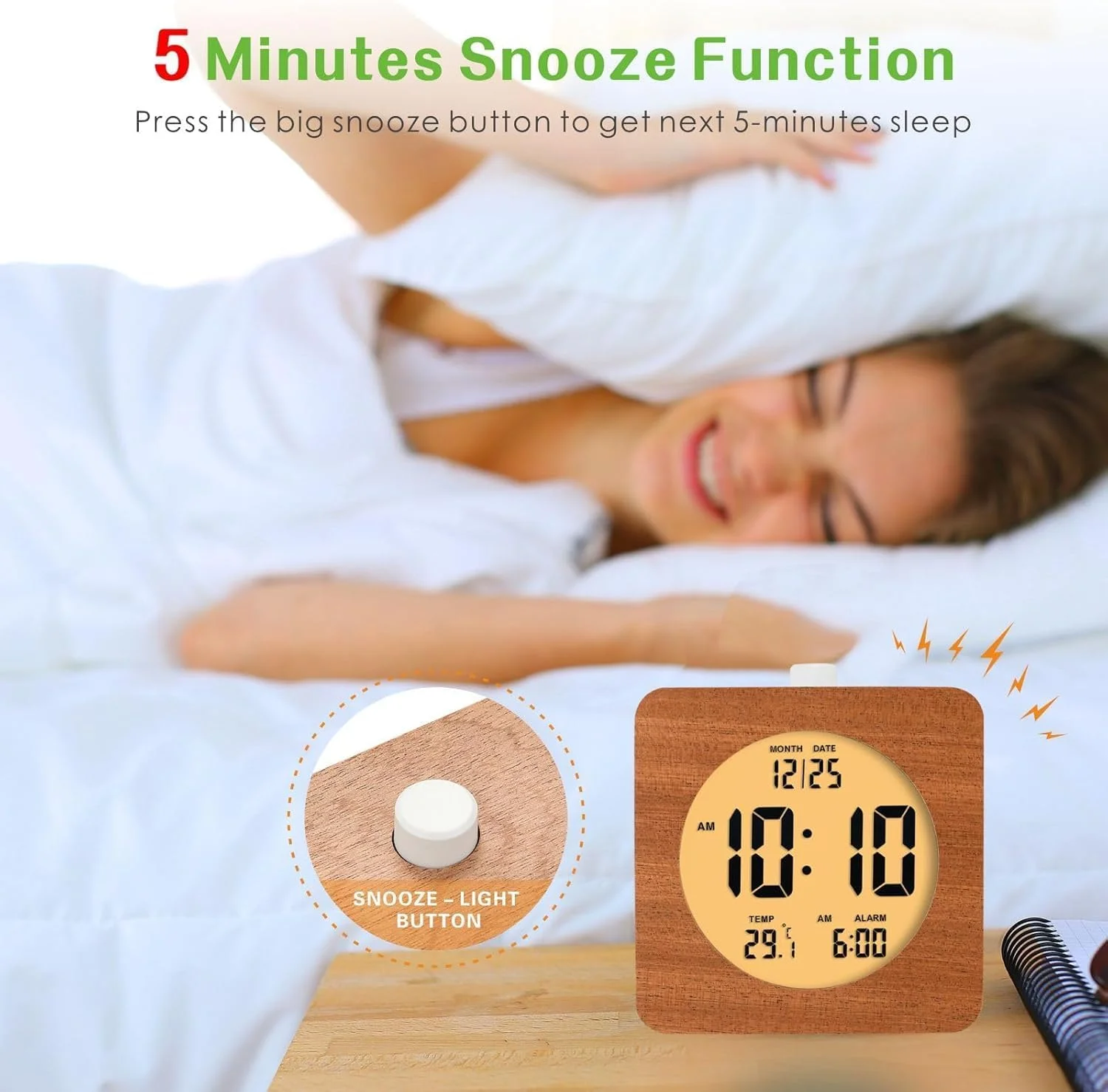 ساعت زنگ دار دیجیتال چوبی، ساعت رومیزی برقی با اعداد بزرگ، ساعت زنگ دار 4 اینچی با باتری با عملکرد چرت زدن و چراغ شب، ساعت رومیزی LCD الکترونیکی نمایش زمان، تاریخ، دما، 12/24 ساعته