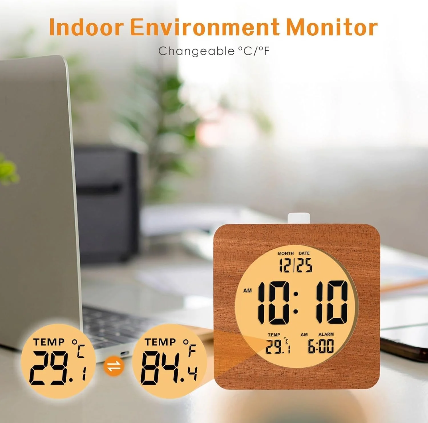 ساعت زنگ دار دیجیتال چوبی، ساعت رومیزی برقی با اعداد بزرگ، ساعت زنگ دار 4 اینچی با باتری با عملکرد چرت زدن و چراغ شب، ساعت رومیزی LCD الکترونیکی نمایش زمان، تاریخ، دما، 12/24 ساعته