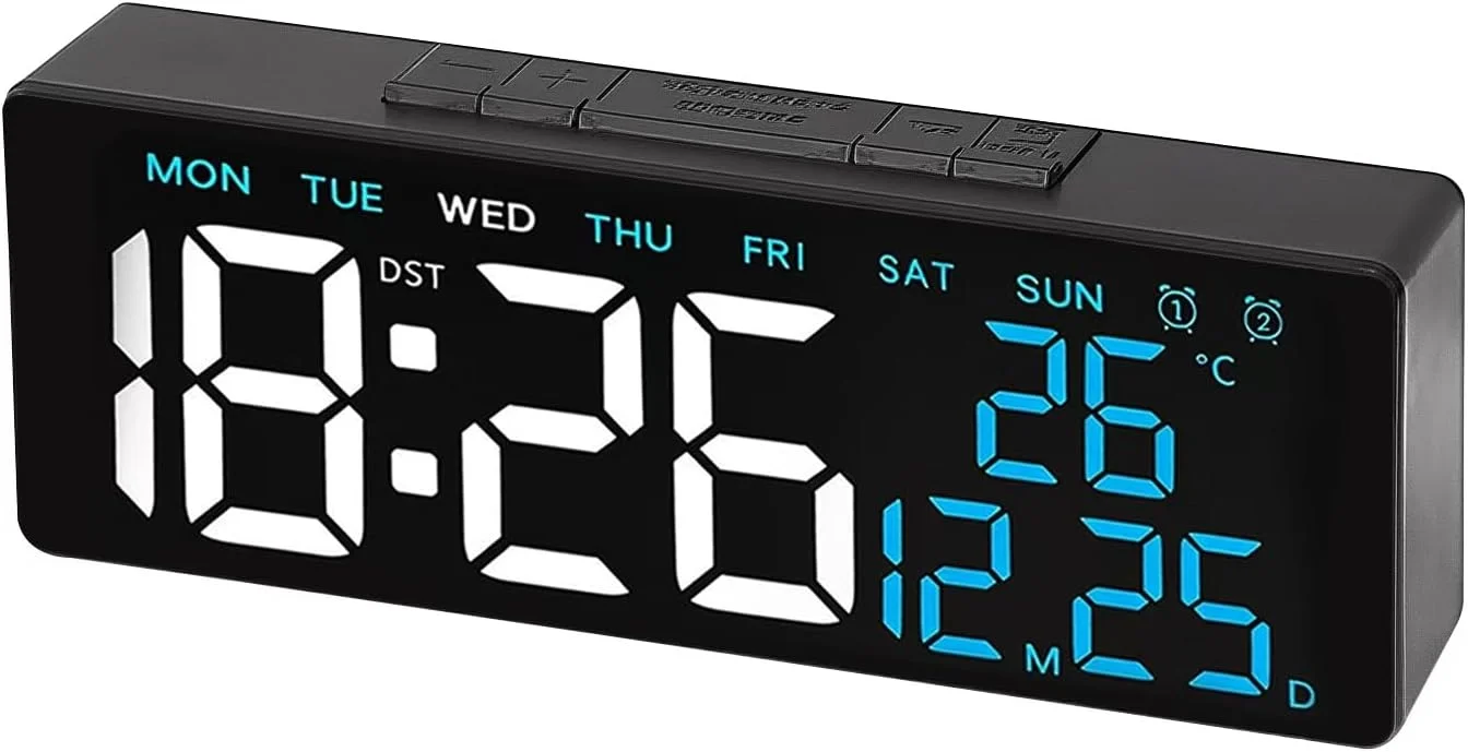ساعت زنگ دار دیجیتال، ساعت آینه ای با صفحه نمایش LED با نمایش تاریخ/ماه/دما و 12/24 ساعته / زنگ هشدار دوگانه/چرت زدن، ساعت رومیزی کنار تخت - استفاده دوگانه با باتری برای اتاق خواب اداری کودکان و سالمندان