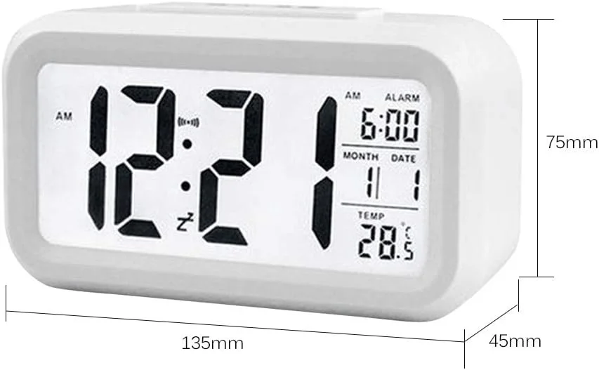 ساعت زنگ دار دیجیتال هوشمند با نمایش تاریخ و دما، دکمه تعویق در بالا، کارکرد با باتری، ساعت رومیزی مستطیلی با چراغ شب برای اتاق خواب کودکان، دختران و پسران