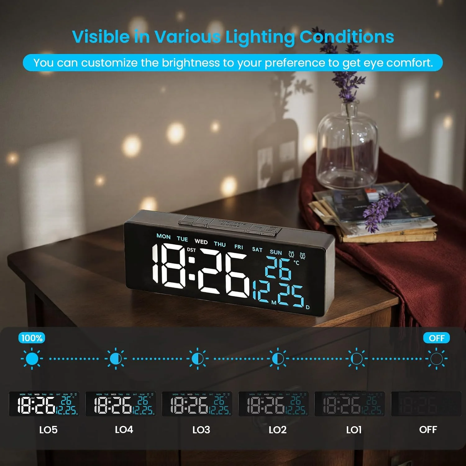ساعت زنگ دار دیجیتال، ساعت آینه ای با صفحه نمایش LED با نمایش تاریخ/ماه/دما و 12/24 ساعته / زنگ هشدار دوگانه/چرت زدن، ساعت رومیزی کنار تخت - استفاده دوگانه با باتری برای اتاق خواب اداری کودکان و سالمندان
