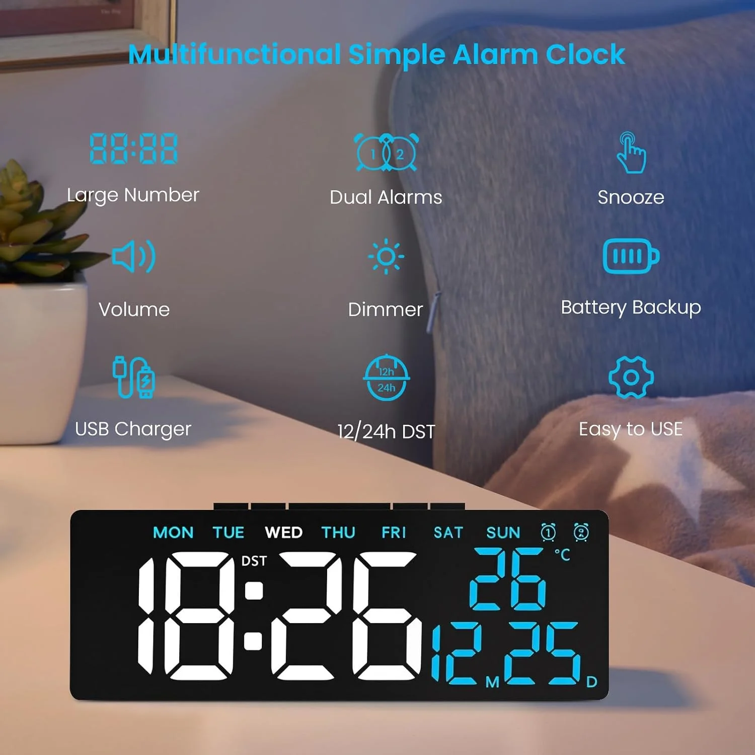 ساعت زنگ دار دیجیتال، ساعت آینه ای با صفحه نمایش LED با نمایش تاریخ/ماه/دما و 12/24 ساعته / زنگ هشدار دوگانه/چرت زدن، ساعت رومیزی کنار تخت - استفاده دوگانه با باتری برای اتاق خواب اداری کودکان و سالمندان
