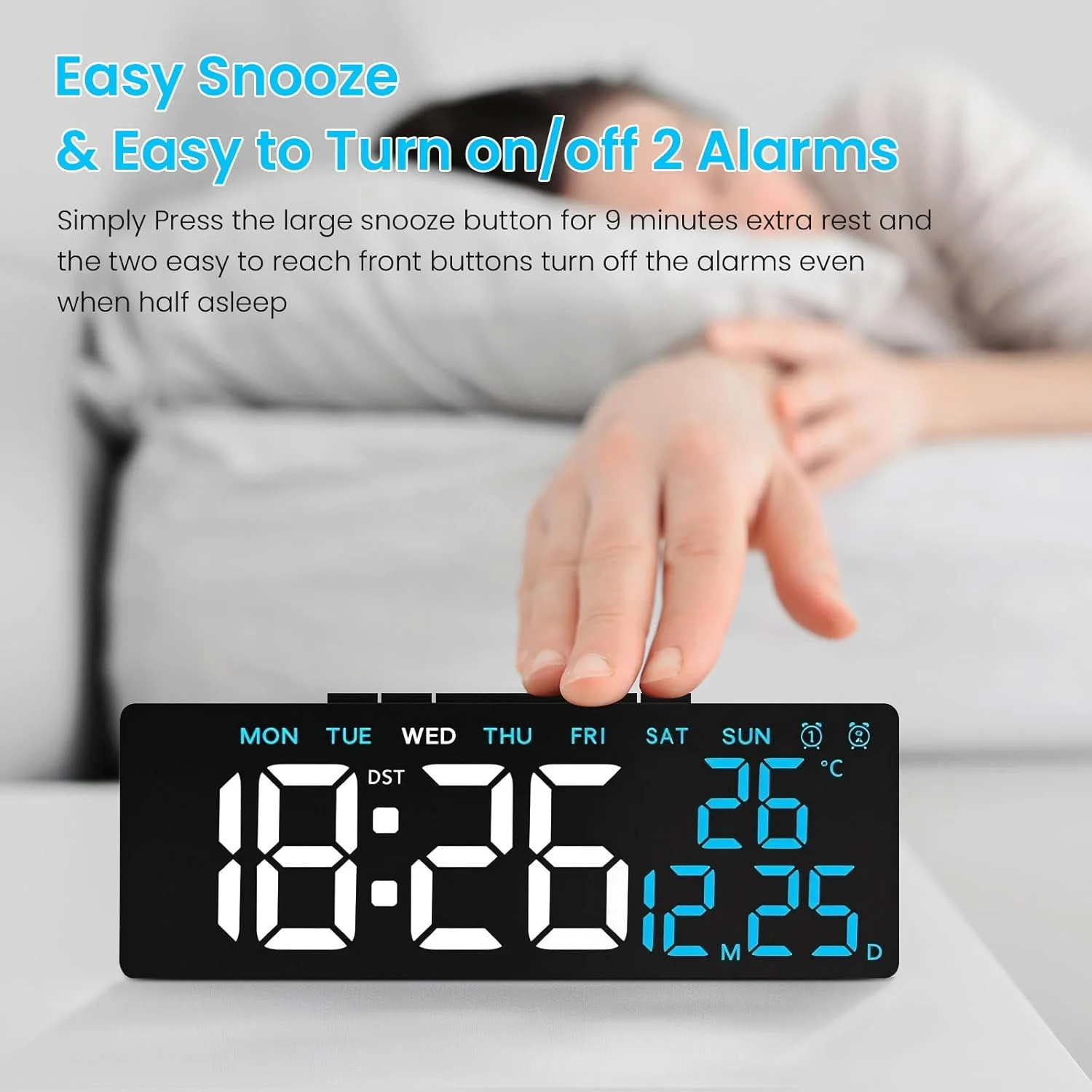 ساعت زنگ دار دیجیتال، ساعت آینه ای با صفحه نمایش LED با نمایش تاریخ/ماه/دما و 12/24 ساعته / زنگ هشدار دوگانه/چرت زدن، ساعت رومیزی کنار تخت - استفاده دوگانه با باتری برای اتاق خواب اداری کودکان و سالمندان