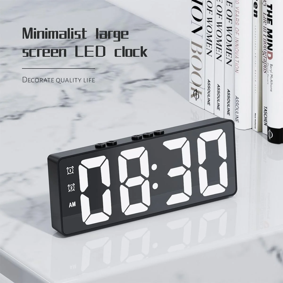 ساعت زنگ دار دیجیتال، ساعت آینه ای با صفحه نمایش LED، ساعت زنگ دار دوگانه با کنترل صدا، ساعت الکترونیکی مدرن برای اتاق خواب، اتاق نشیمن، دفتر کار با باتری/کابل USB (مشکی)