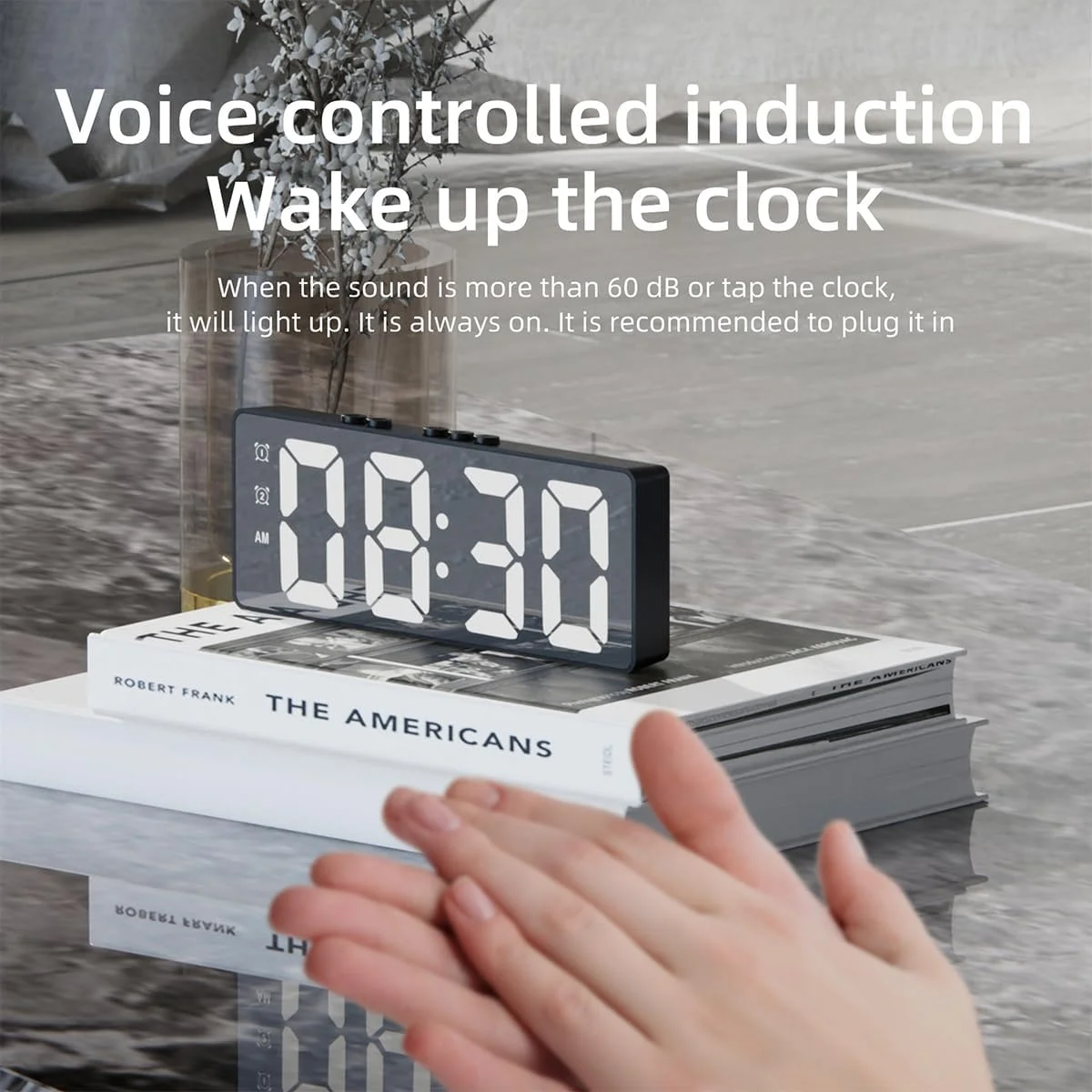 ساعت زنگ دار دیجیتال، ساعت آینه ای با صفحه نمایش LED، ساعت زنگ دار دوگانه با کنترل صدا، ساعت الکترونیکی مدرن برای اتاق خواب، اتاق نشیمن، دفتر کار با باتری/کابل USB (مشکی)