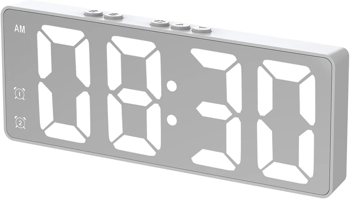 ساعت زنگ دار دیجیتال، ساعت آینه ای با صفحه نمایش LED، ساعت زنگ دار دوگانه با کنترل صدا، ساعت الکترونیکی مدرن برای اتاق خواب، اتاق نشیمن، دفتر کار با باتری/کابل USB (سفید)