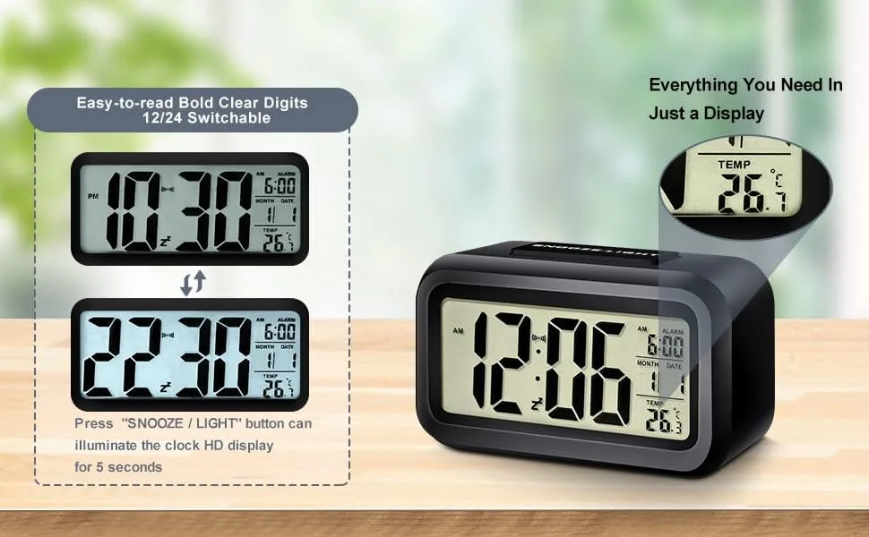 چراغ خواب هوشمند، ساعت زنگ دار دیجیتال، ساعت الکترونیکی رومیزی با باتری، کارکرد آسان، با نمایش تاریخ و دمای داخلی برای کودکان