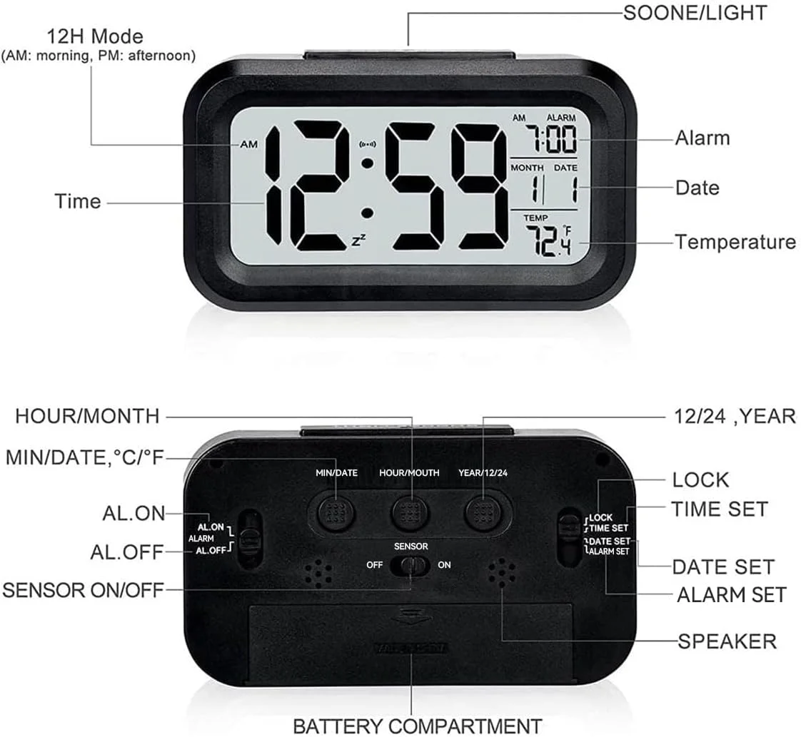 چراغ خواب هوشمند، ساعت زنگ دار دیجیتال، ساعت الکترونیکی رومیزی با باتری، کارکرد آسان، با نمایش تاریخ و دمای داخلی برای کودکان