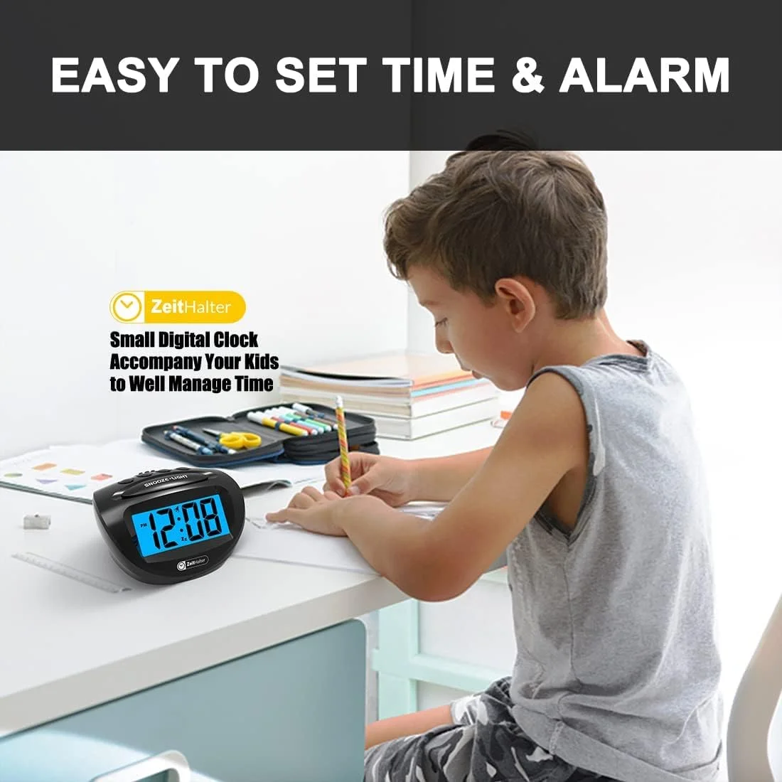 ساعت زنگ دار دیجیتال LCD اکسفور، فقط با باتری کار می کند، نور پس زمینه آبی، حجم صدای زنگ فزاینده، ساعت پایه ساده برای اتاق خواب، میز، مسافرت