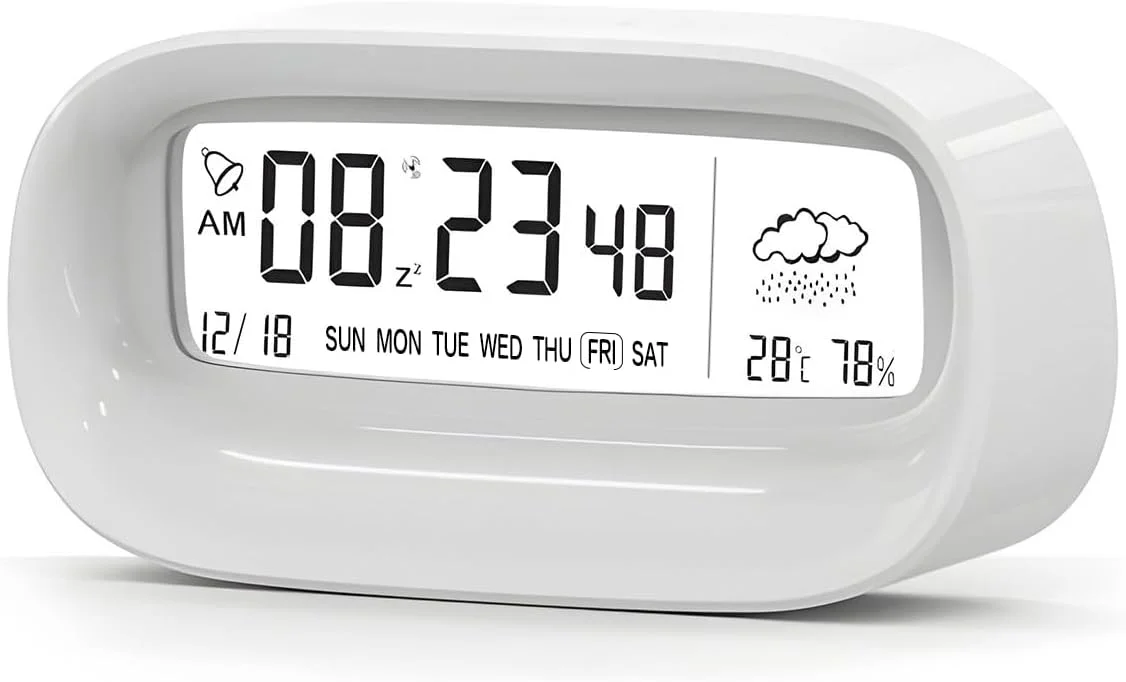 ساعت زنگ دار دیجیتال ECVV، ساعت رومیزی با صفحه نمایش LED شفاف، دماسنج رطوبت سنج، تقویم هواشناسی با قابلیت تعویق، تایمر چند منظوره شمارش معکوس، کارکرد با باتری (بدون باتری) مناسب برای دفتر، اتاق مطالعه - سفید