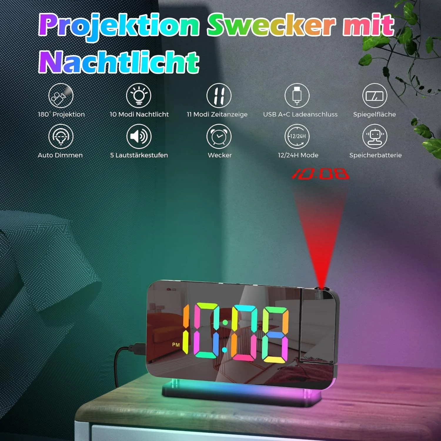 ساعت زنگ دار پروژکتوری، ساعت آینه ای دیجیتال 7.4 اینچی، با پروژکتور چرخشی 180 درجه، چراغ شب RGB، پورت شارژر USB C، دیمر خودکار، ساعت رومیزی LED برای اتاق خواب