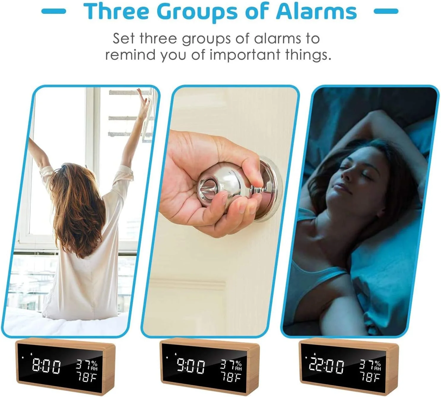 ساعت زنگ دار دیجیتال Excefore، ساعت دیجیتال چوبی کنار تخت، نمایش دما و رطوبت، 3 سطح روشنایی، کنترل صوتی هوشمند، ساعت زنگ دار برای اتاق خواب و دفتر کار