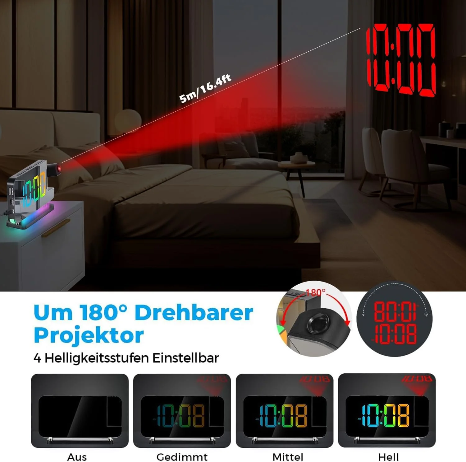 ساعت زنگ دار پروژکتوری، ساعت آینه ای دیجیتال 7.4 اینچی، با پروژکتور چرخشی 180 درجه، چراغ شب RGB، پورت شارژر USB C، دیمر خودکار، ساعت رومیزی LED برای اتاق خواب