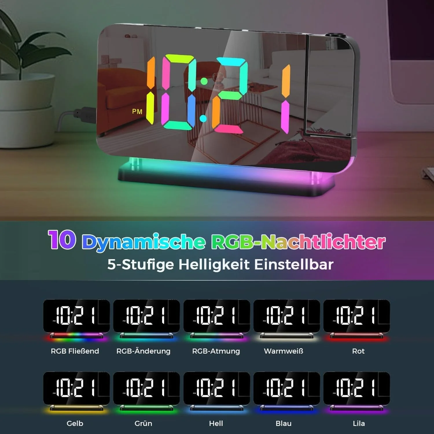 ساعت زنگ دار پروژکتوری، ساعت آینه ای دیجیتال 7.4 اینچی، با پروژکتور چرخشی 180 درجه، چراغ شب RGB، پورت شارژر USB C، دیمر خودکار، ساعت رومیزی LED برای اتاق خواب