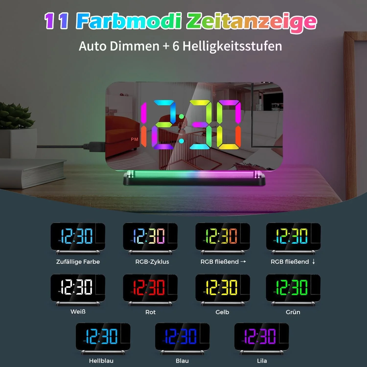 ساعت زنگ دار پروژکتوری، ساعت آینه ای دیجیتال 7.4 اینچی، با پروژکتور چرخشی 180 درجه، چراغ شب RGB، پورت شارژر USB C، دیمر خودکار، ساعت رومیزی LED برای اتاق خواب