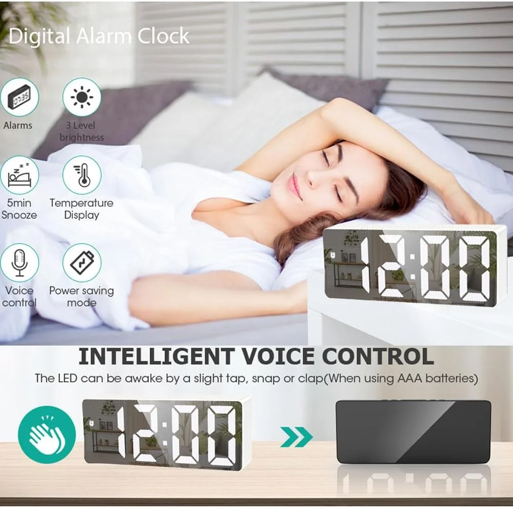 ساعت رومیزی دیجیتال Goodern، ساعت الکترونیکی LED با پورت USB، حالت چرت زدن، 3 سطح روشنایی قابل تنظیم، کنترل صدا، 12/24 ساعته، ساعت کوچک رومیزی با صفحه نمایش بزرگ برای دکور اتاق خواب و دفتر - مشکی آینه ای