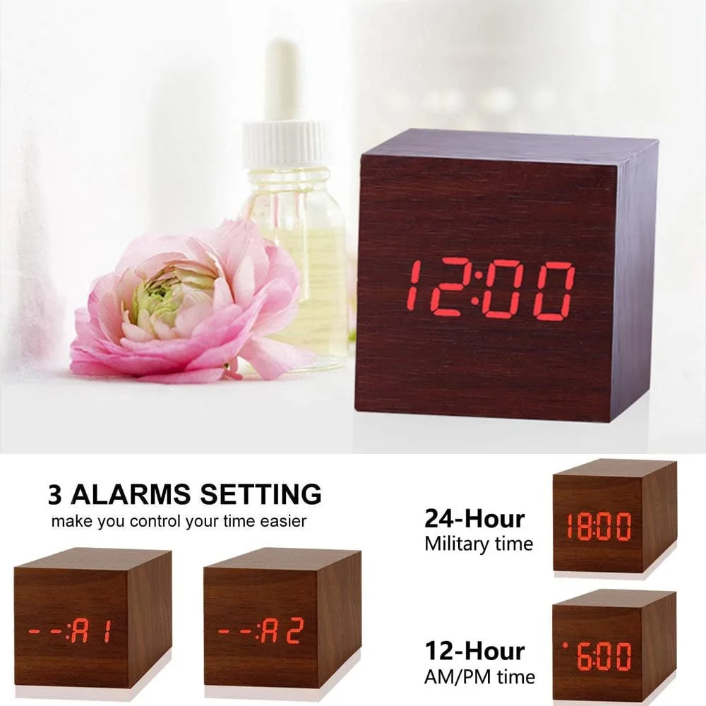 ساعت زنگ دار دیجیتال Funito، با نمایشگر LED الکترونیکی چوبی، 3 زنگ هشدار، ساعت های برقی کوچک مکعبی 6.35 سانتی متری ساخته شده از چوب برای اتاق خواب، کنار تخت، میز ساعت زنگ دار دیجیتال Funito، با نمایشگر LED الکترونیکی چوبی، 3 زنگ هشدار، ساعت های برقی کوچک مکعبی 6.35 سانتی متری ساخته شده از چوب برای اتاق خواب، کنار تخت، میز