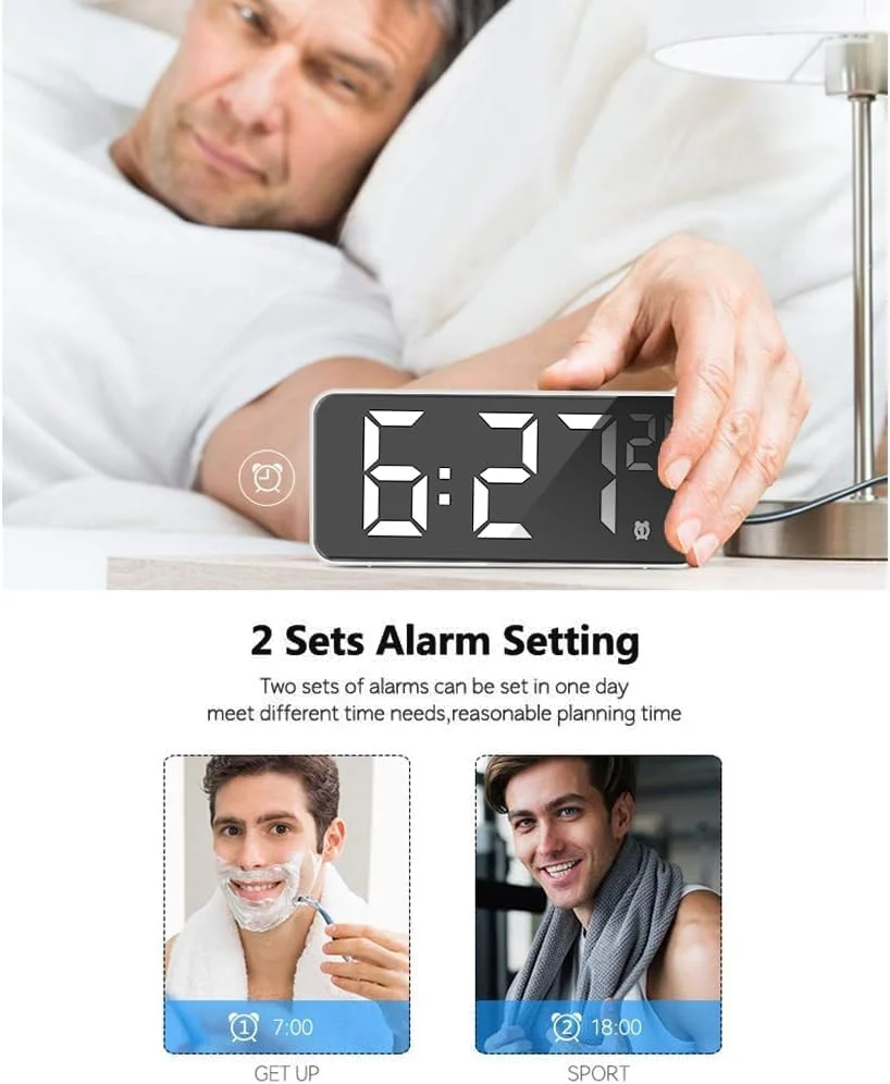 ساعت زنگ دار دیجیتال برای اتاق خواب، ساعت های الکترونیکی دیجیتال LED با سطح آینه، ساعت کنترل صدا با روشنایی قابل تنظیم، برای کنار تخت، اتاق خواب، دفتر، مشکی ساعت زنگ دار دیجیتال برای اتاق خواب، ساعت های الکترونیکی دیجیتال LED با سطح آینه، ساعت کنترل صدا با روشنایی قابل تنظیم، برای کنار تخت، اتاق خواب، دفتر، مشکی