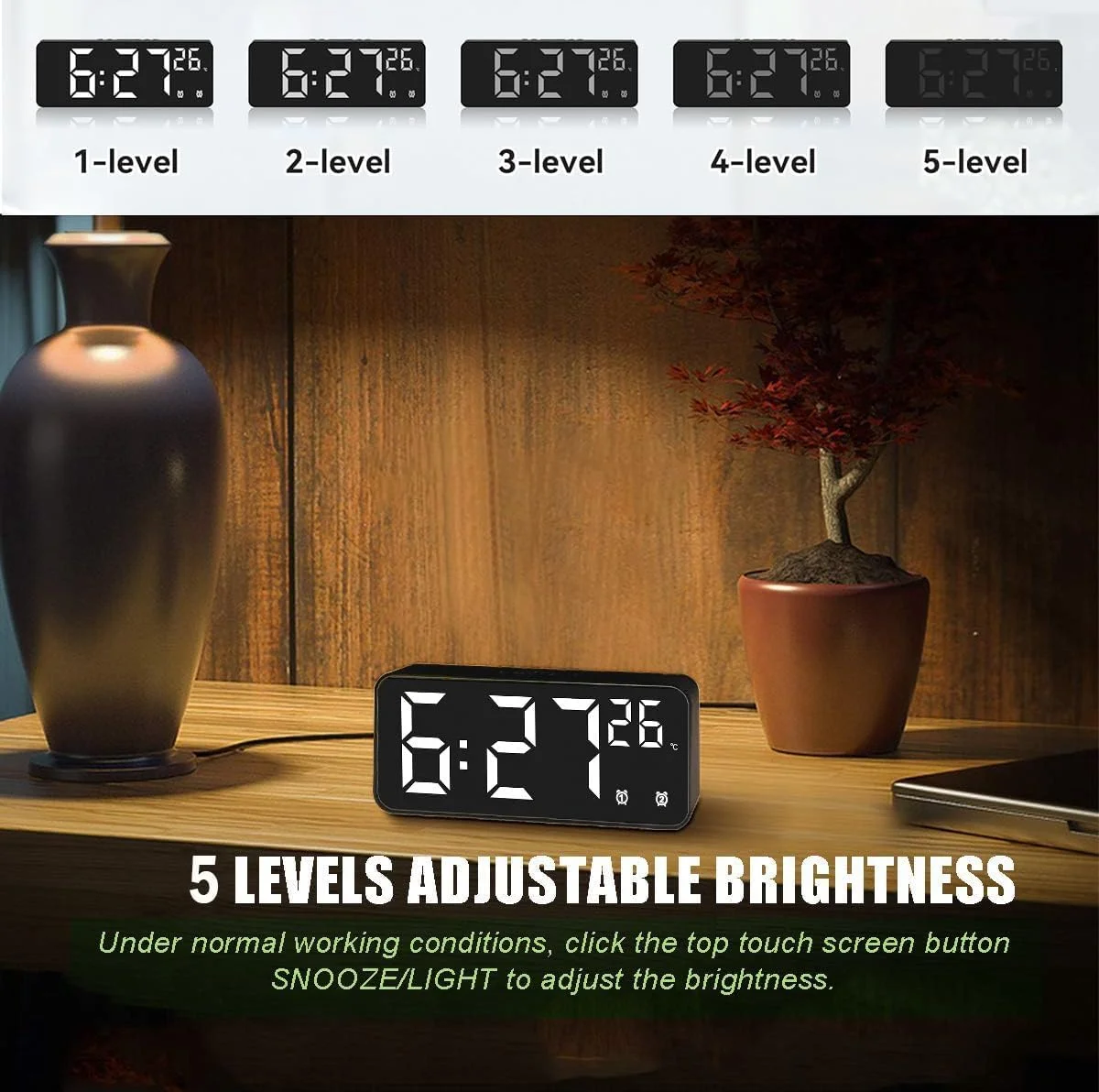 ساعت زنگ دار دیجیتال برای اتاق خواب، ساعت های الکترونیکی دیجیتال LED با سطح آینه، ساعت کنترل صدا با روشنایی قابل تنظیم، برای کنار تخت، اتاق خواب، دفتر، مشکی ساعت زنگ دار دیجیتال برای اتاق خواب، ساعت های الکترونیکی دیجیتال LED با سطح آینه، ساعت کنترل صدا با روشنایی قابل تنظیم، برای کنار تخت، اتاق خواب، دفتر، مشکی