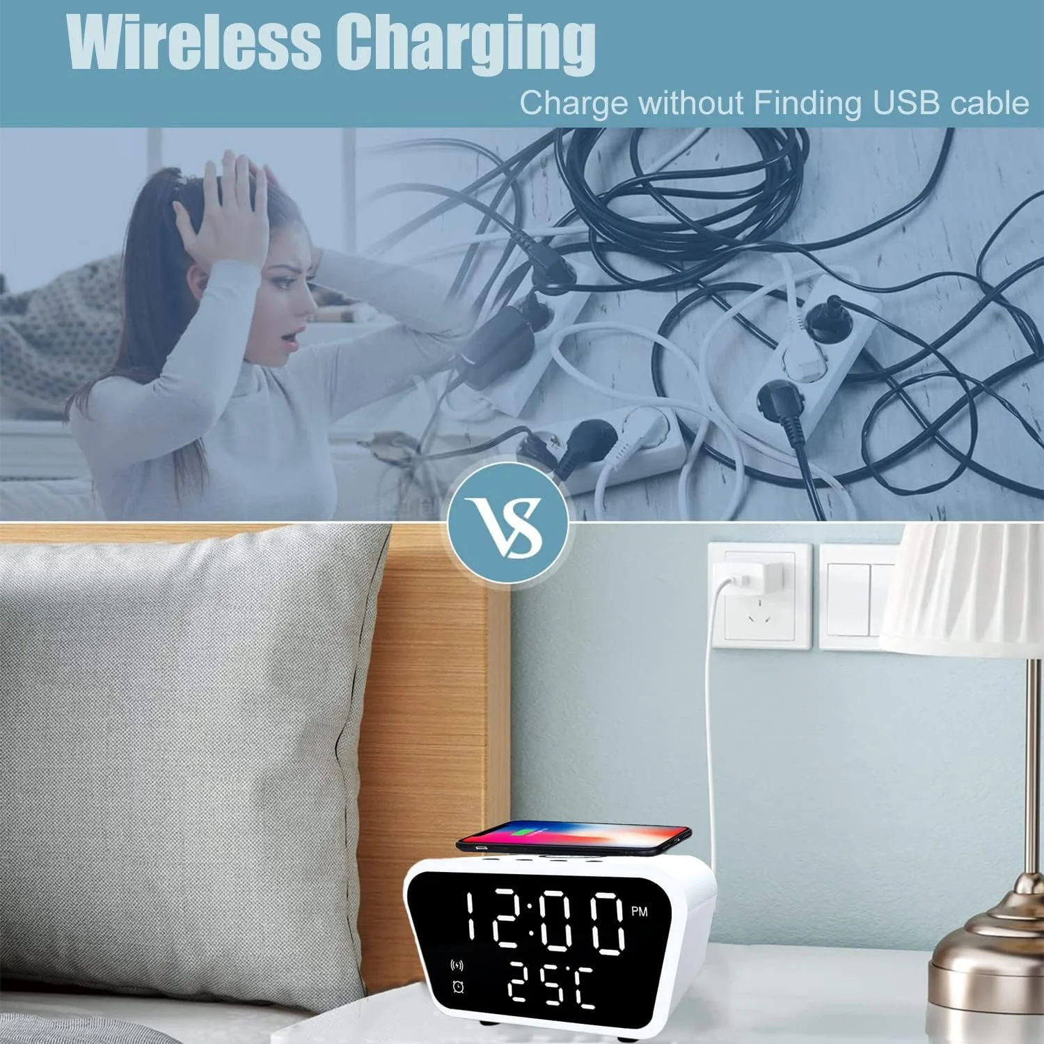 ساعت زنگ دار دیجیتال GGEROU با شارژ سریع بی سیم، ساعت زنگ دار با قابلیت تعویق برای افراد با خواب سنگین - 4 سطح روشنایی قابل تنظیم، نمایشگر دیجیتال زمان، تاریخ، دما، شارژ بی سیم مناسب برای اکثر تلفن ها (سفید)