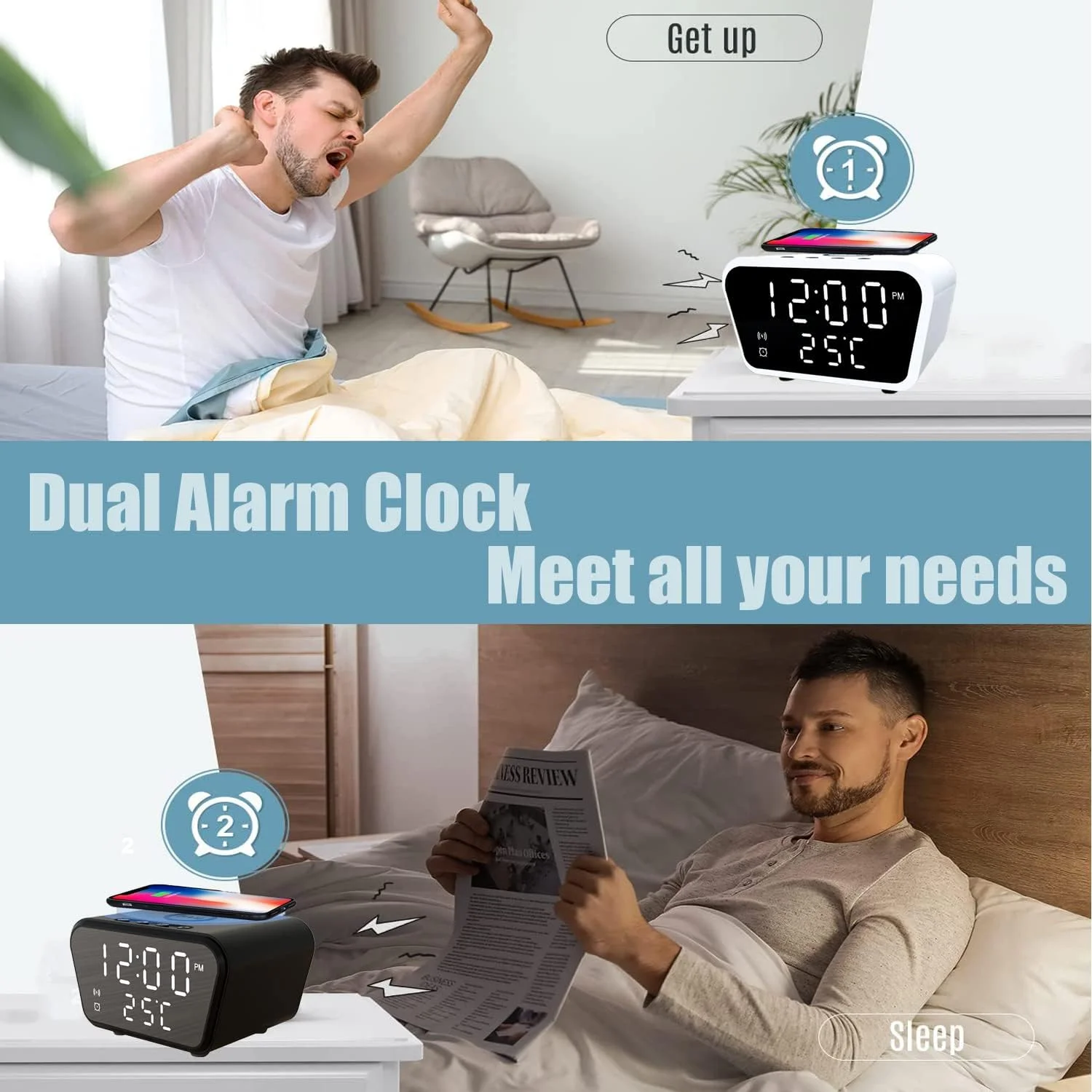 ساعت زنگ دار دیجیتال GGEROU با شارژ سریع بی سیم، ساعت زنگ دار با قابلیت تعویق برای افراد با خواب سنگین - 4 سطح روشنایی قابل تنظیم، نمایشگر دیجیتال زمان، تاریخ، دما، شارژ بی سیم مناسب برای اکثر تلفن ها (سفید)