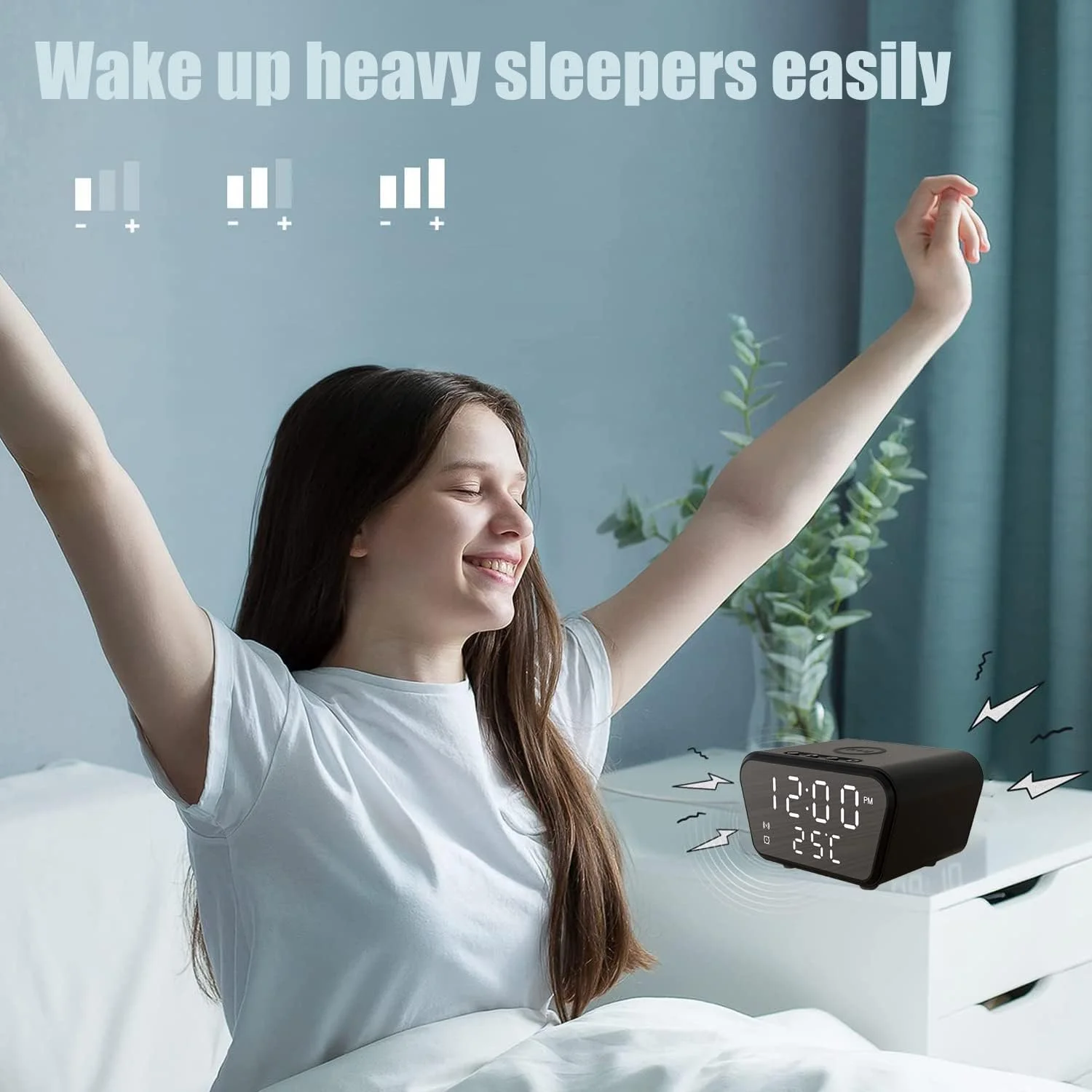 ساعت زنگ دار دیجیتال GGEROU با شارژ سریع بی سیم، ساعت زنگ دار با قابلیت تعویق برای افراد با خواب سنگین - 4 سطح روشنایی قابل تنظیم، نمایشگر دیجیتال زمان، تاریخ، دما، شارژ بی سیم مناسب برای اکثر تلفن ها (سفید)