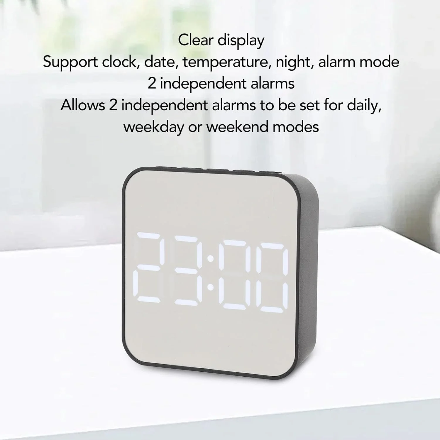 ساعت زنگ دار دیجیتال LED مدل Jectse، دارای 2 تنظیم زنگ هشدار، چند منظوره، ساعت زنگ دار الکترونیکی کوچک با نمایشگر دما و تاریخ، مناسب اتاق خواب (مشکی) ساعت زنگ دار دیجیتال LED مدل Jectse، دارای 2 تنظیم زنگ هشدار، چند منظوره، ساعت زنگ دار الکترونیکی کوچک با نمایشگر دما و تاریخ، مناسب اتاق خواب (مشکی)