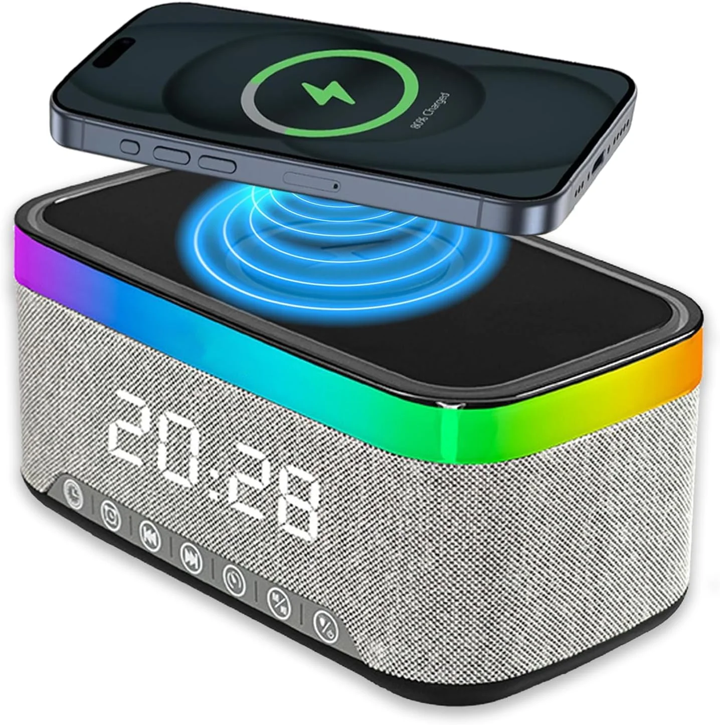 ساعت زنگ دار دیجیتال با شارژر بی سیم سریع 15 واتی، رادیو بلوتوث ساعت زنگ دار با نور 7 رنگ، ساعت زنگ دار بلندگوی استریو با 7 نویز سفید برای اتاق خواب، میز، کنار تخت، پاتختی