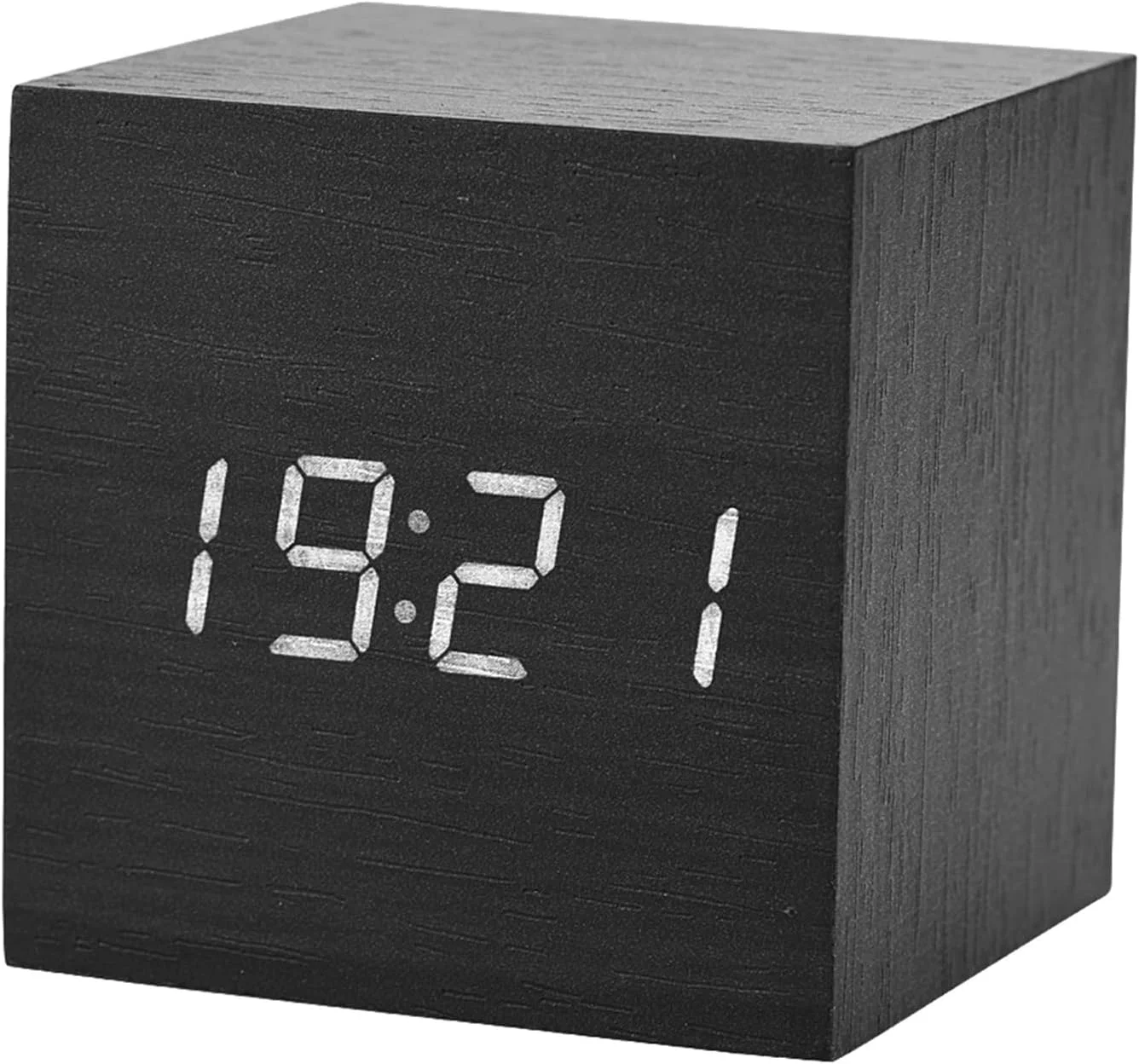 ساعت زنگ دار دیجیتال چوبی Jectse، ساعت رومیزی دیجیتال با کنترل صوتی، نمایشگر LED الکترونیکی زمان و تشخیص دما برای اتاق خواب، کنترل صوتی 6x6x6 سانتی متر (چوب سیاه +)
