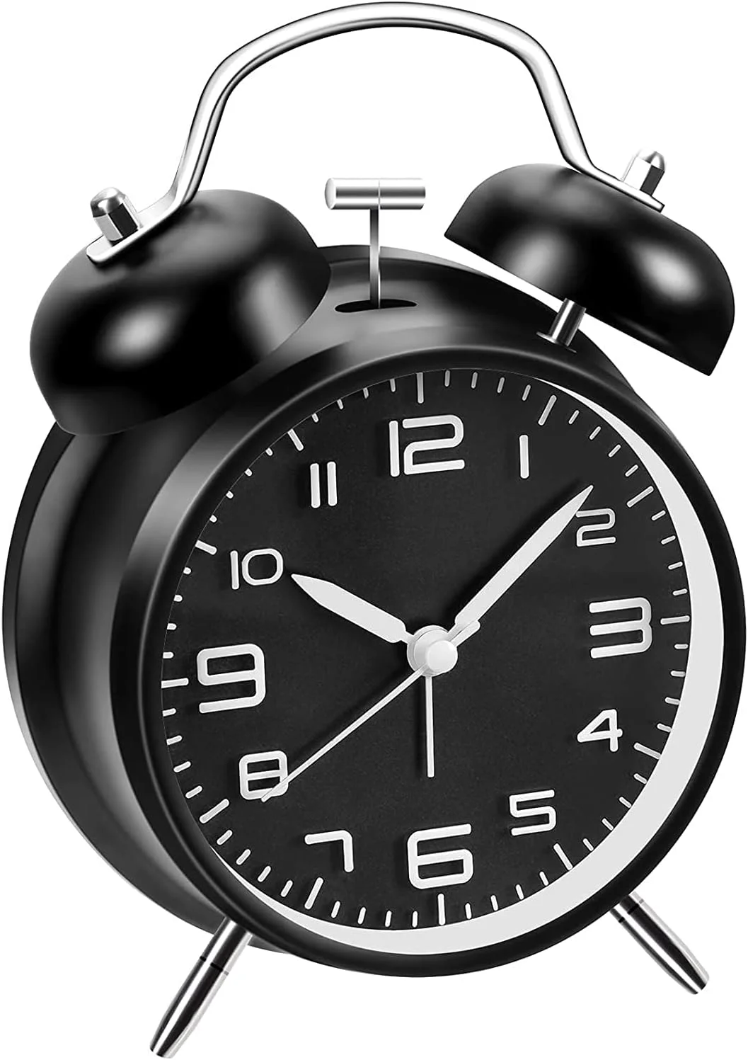 ساعت زنگ دار بلند HuanShiJingXuan برای خواب سنگین، ساعت زنگ دار دو قلو 4 اینچی بدون تیک تاک - قاب فلزی صفحه سه بعدی با عملکرد نور پس زمینه - ساعت رومیزی برای خانه و محل کار - مشکی کلاسیک