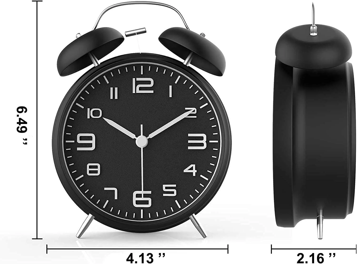 ساعت زنگ دار بلند HuanShiJingXuan برای کسانی که خواب سنگین دارند، ساعت زنگ دار دوقلو 4 اینچی بدون صدا - قاب فلزی با صفحه سه بعدی و عملکرد نور پس زمینه - ساعت رومیزی برای خانه و محل کار - مشکی کلاسیک