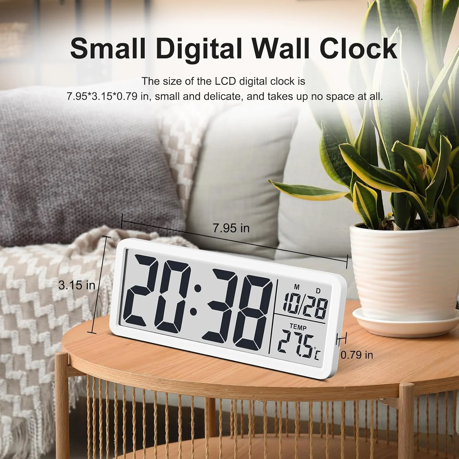 ساعت دیواری دیجیتال LCD JoFomp با باتری، ساعت دیواری مدرن 8.5 اینچی برای دکوراسیون اتاق نشیمن، ساعت دیواری دیجیتال ساده با دما/تاریخ/زمان - 12/24 ساعته، ساعت رومیزی کوچک برای اتاق خواب و دفتر